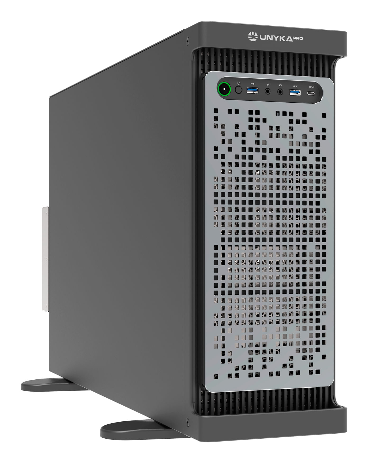 Case del computer grigio scuro con pannello frontale traforato e porte.