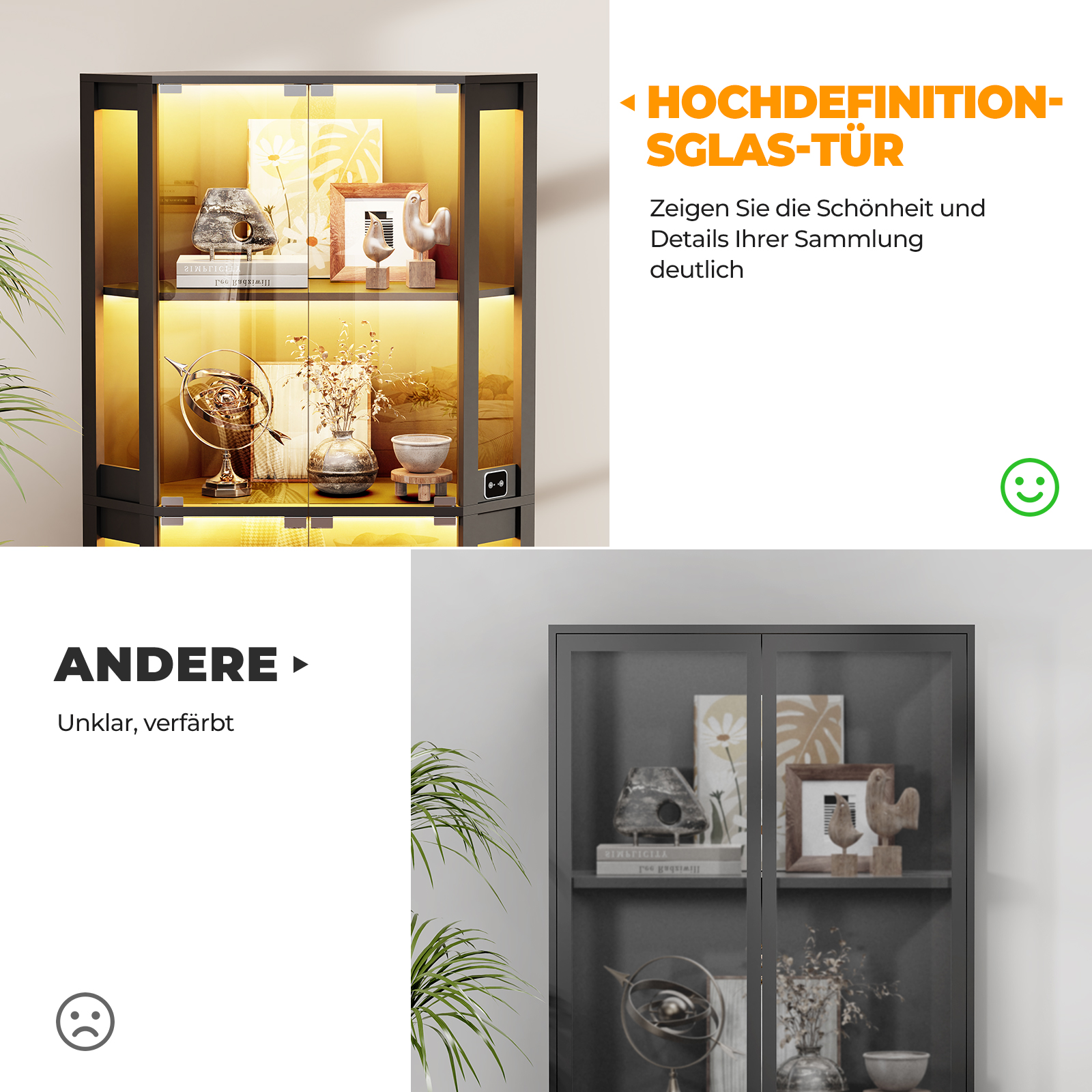 Ein beleuchteter Vitrinenschrank mit Dekoartikeln, Globus und Vasen.