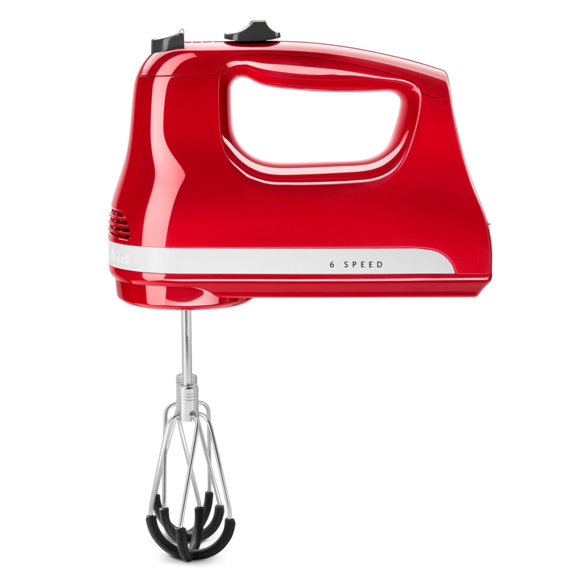 Ein roter Handmixer mit 6 Geschwindigkeitsstufen und silbernen Quirlen.
