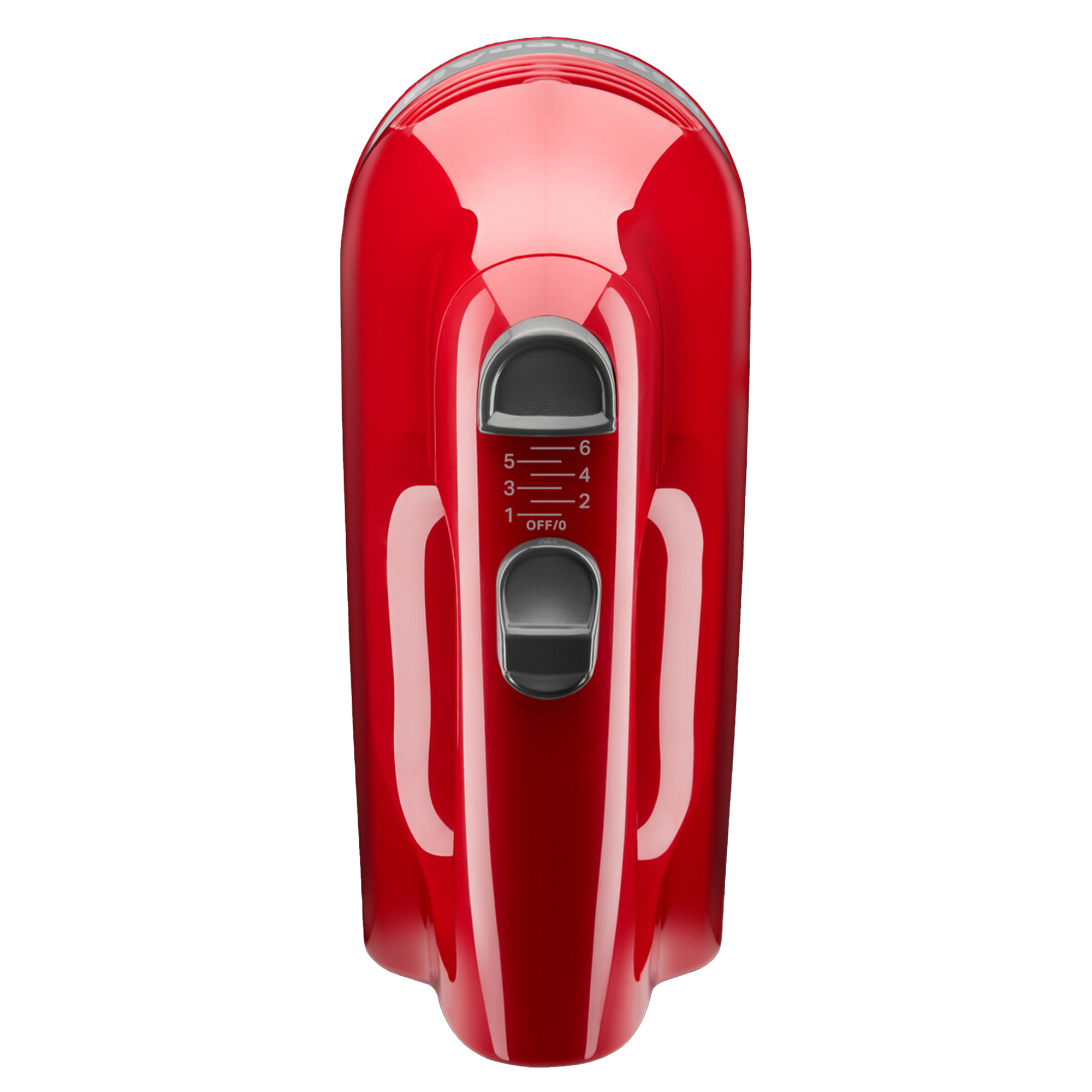 Roter Handmixer mit schwarzen Bedienelementen und Geschwindigkeitsregler.
