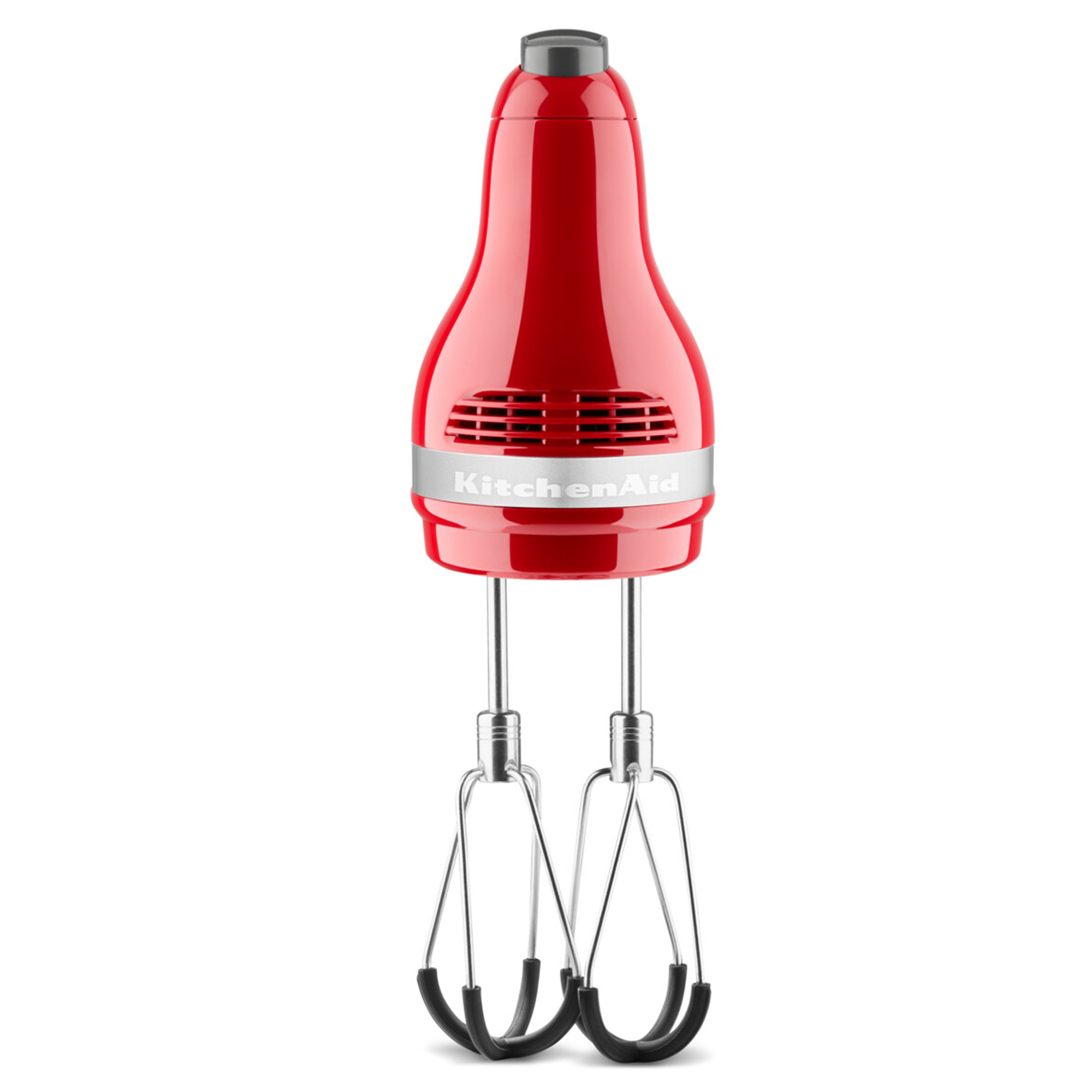 Ein roter KitchenAid Handmixer mit zwei silbernen Quirlen.