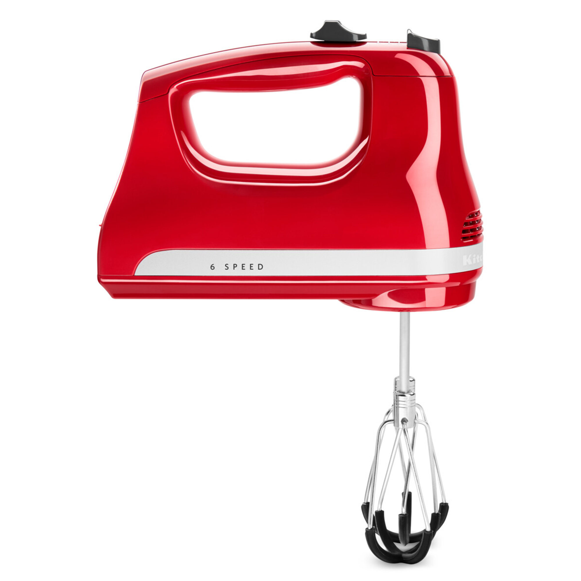 Roter Handmixer mit 6 Geschwindigkeitsstufen und silbernem Streifen.