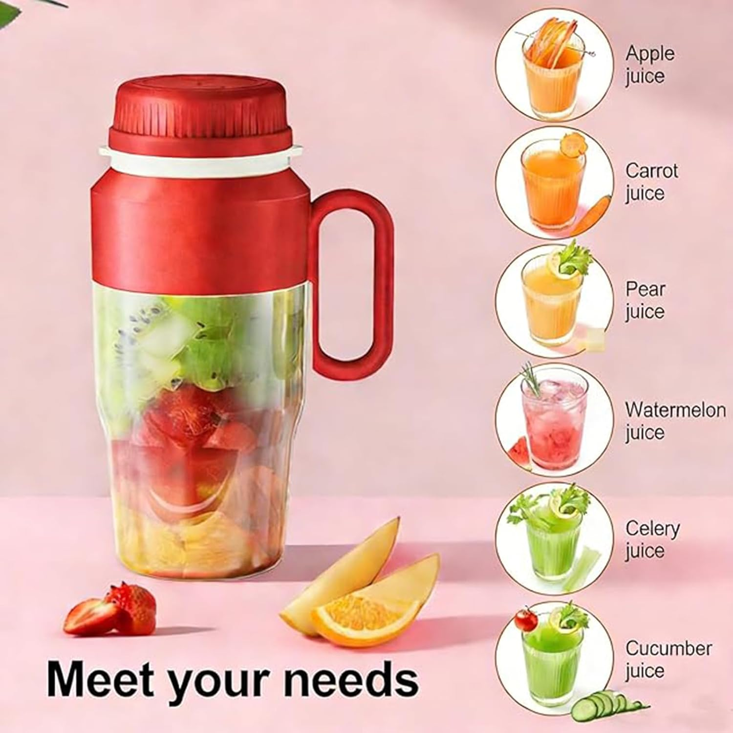 Ein roter Mixer mit Früchten, daneben verschiedene Säfte.