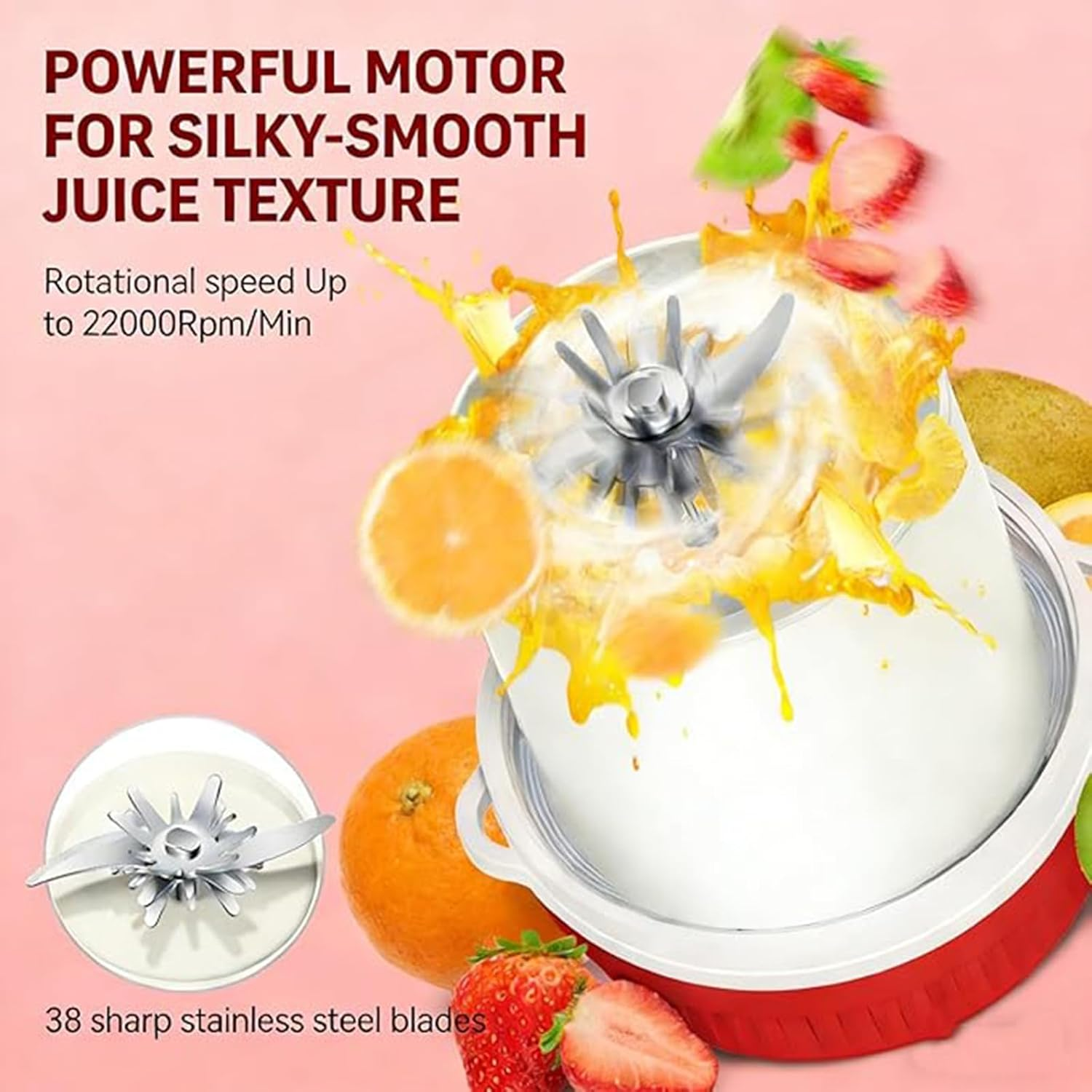 Ein Mixer mit Früchten, der Saft spritzt. Nahaufnahme der Klingen und Früchte.