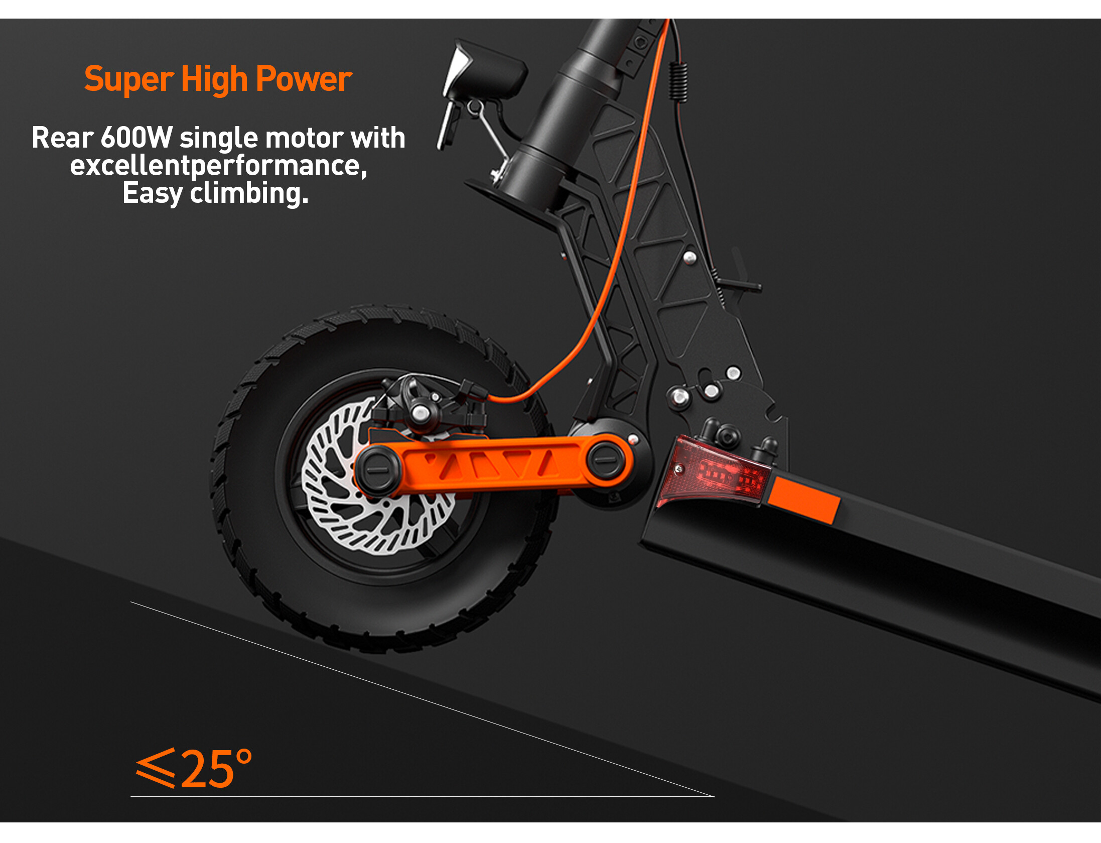 Primo piano della ruota posteriore, motore e freno di uno scooter elettrico. Indicatore angolo <lt/>25°.