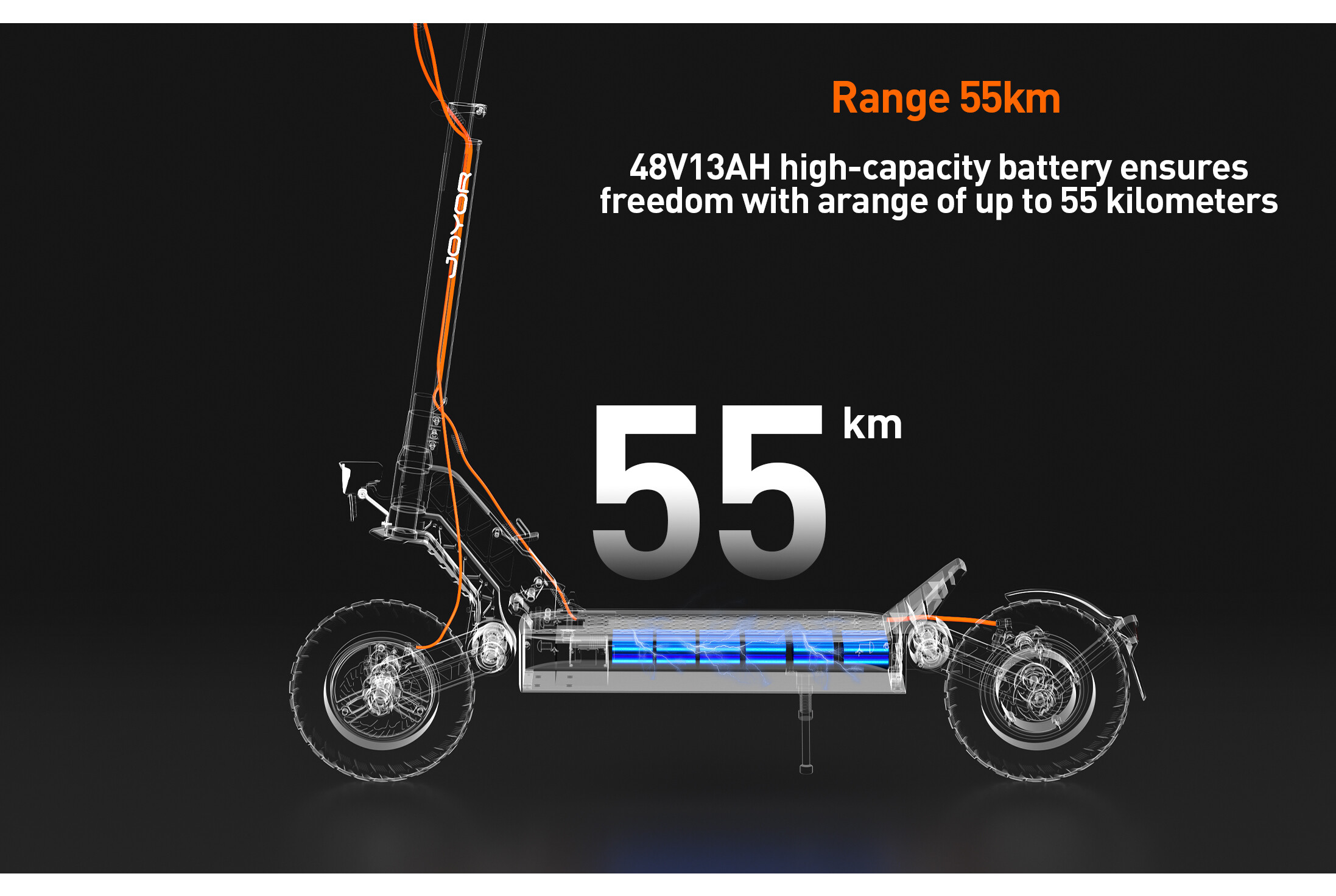 Schema di monopattino elettrico con autonomia di 55 km e batteria visibile.