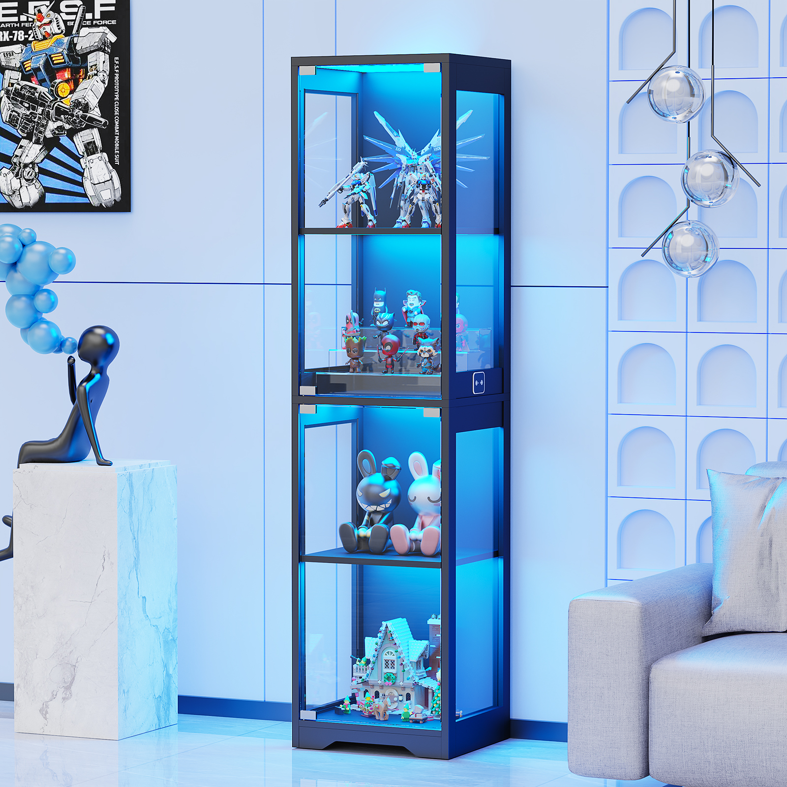 Eine Vitrine mit Figuren und Modellen, beleuchtet mit blauem Licht.
