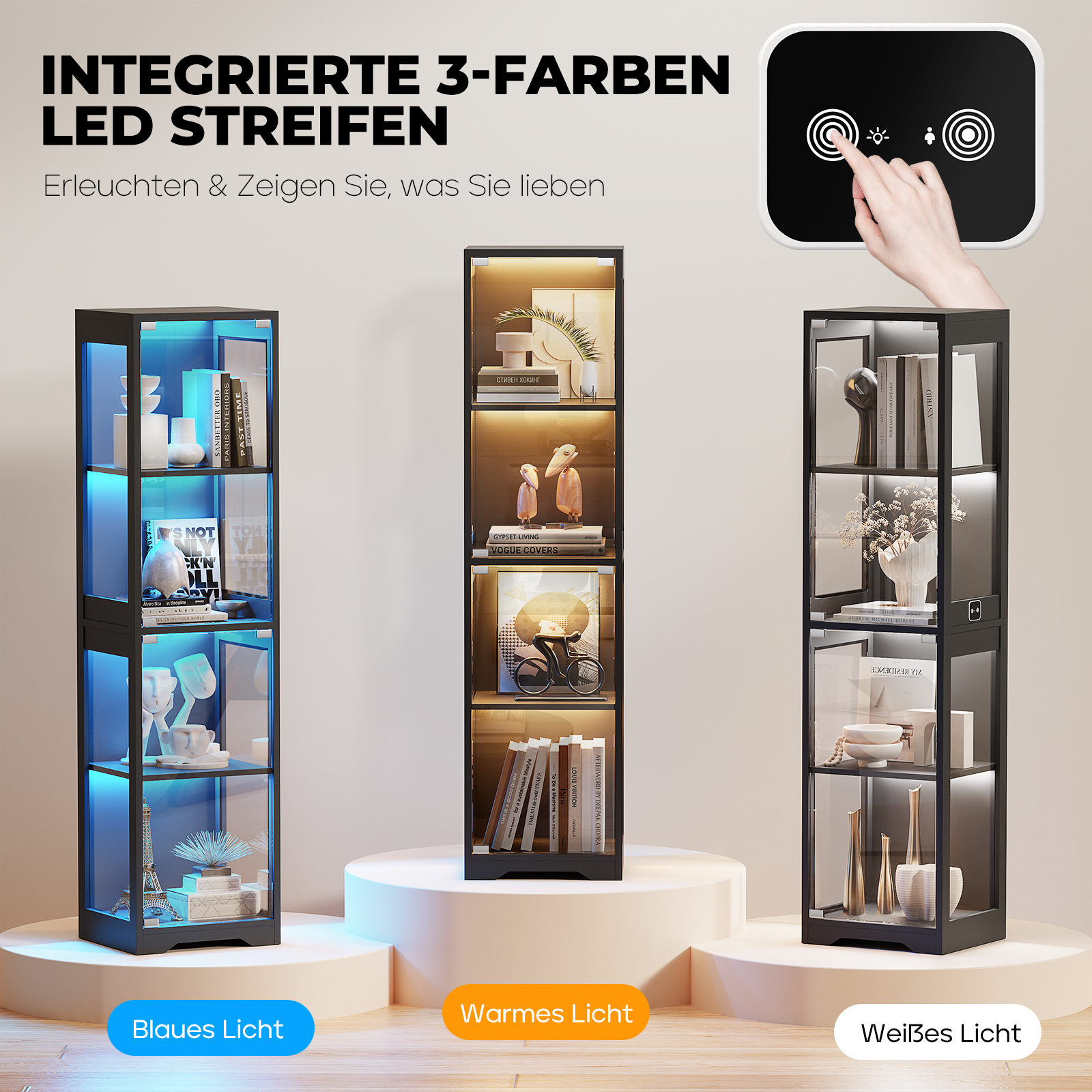 Drei Vitrinen mit integrierten LED-Streifen in Blau, Warmweiß und Weiß.