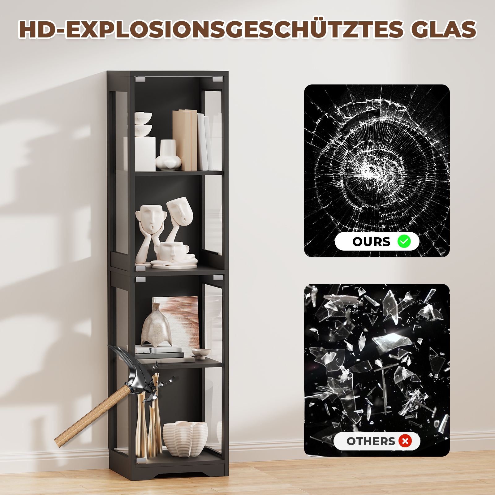 Ein schwarzes Regal mit Dekorationen und daneben zwei Bilder, die Glasbruch zeigen.