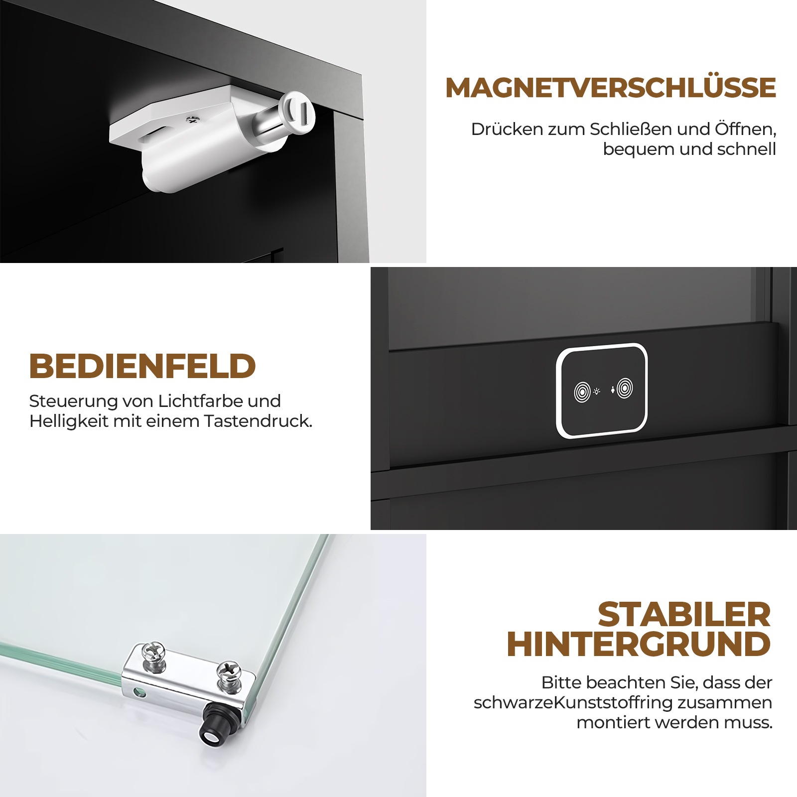 Ein Magnetverschluss, Bedienfeld und Glasregalhalterung mit Schrauben.