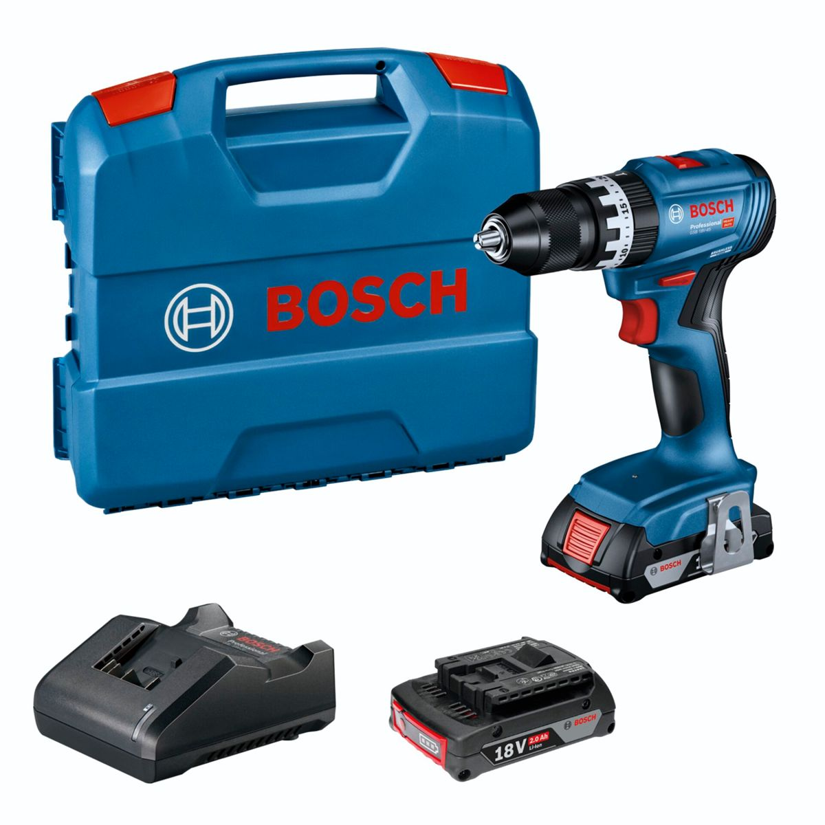 Cassetta degli attrezzi Bosch blu con trapano, caricabatterie e batteria.