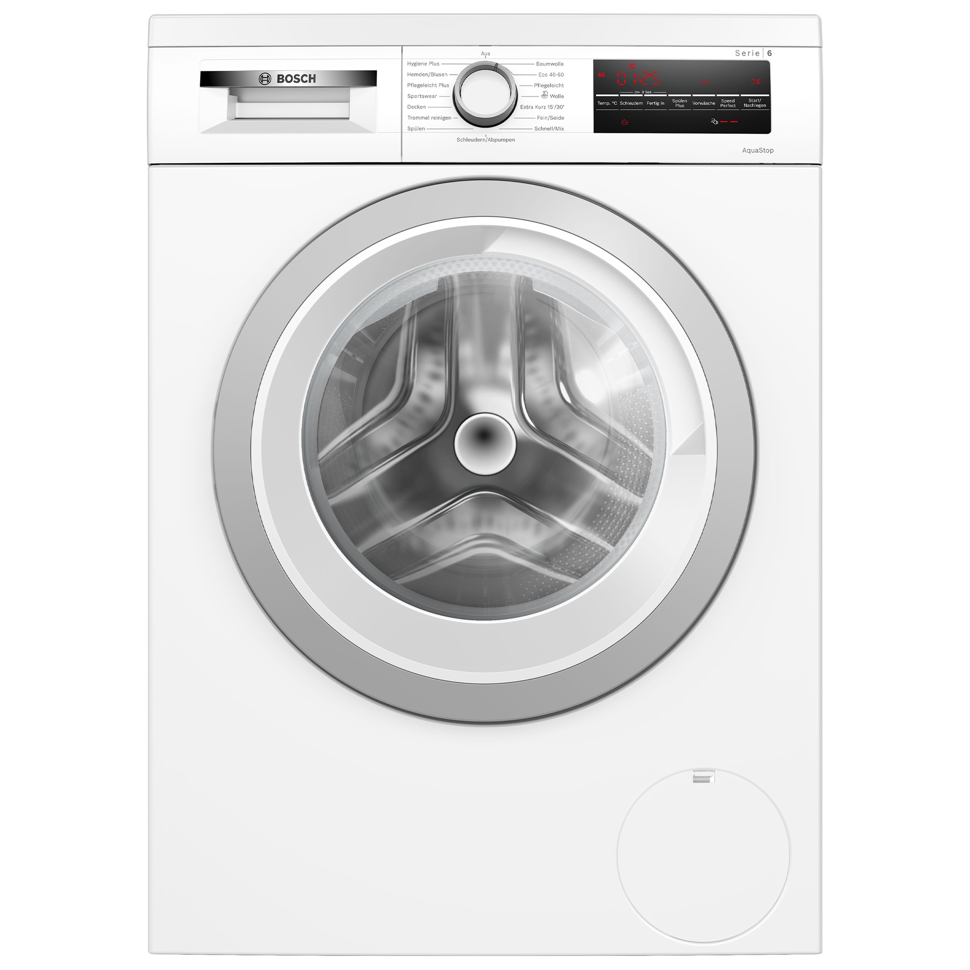 Eine weiße Bosch Waschmaschine Serie 6 mit digitalem Display und runder Tür.