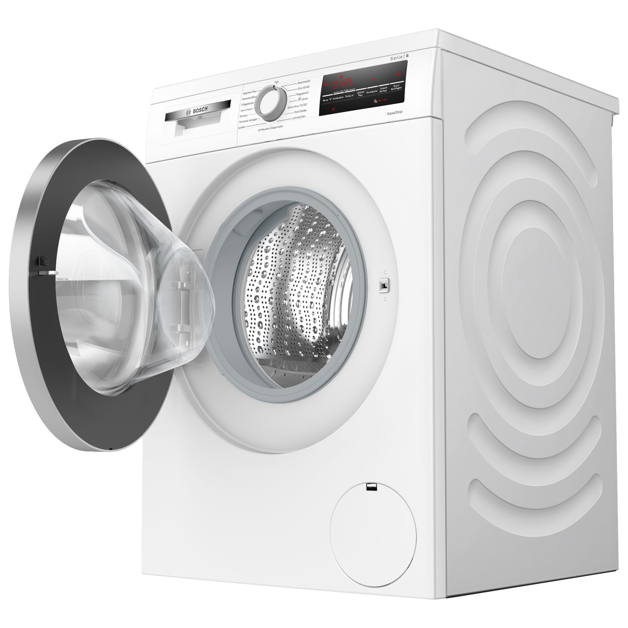 Eine weiße Bosch Waschmaschine mit geöffneter Tür und silbernem Rand.