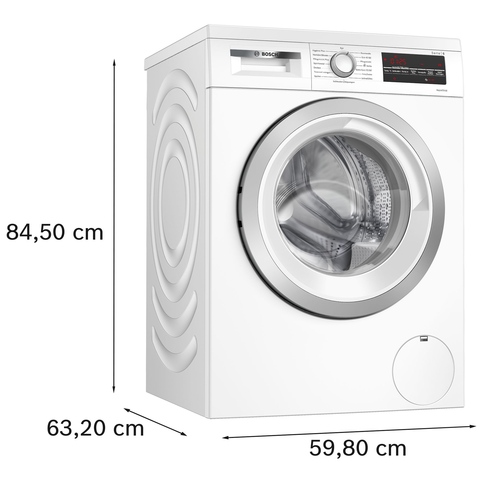 Weiße Bosch Waschmaschine Serie 6 mit digitalem Display und Maßen.