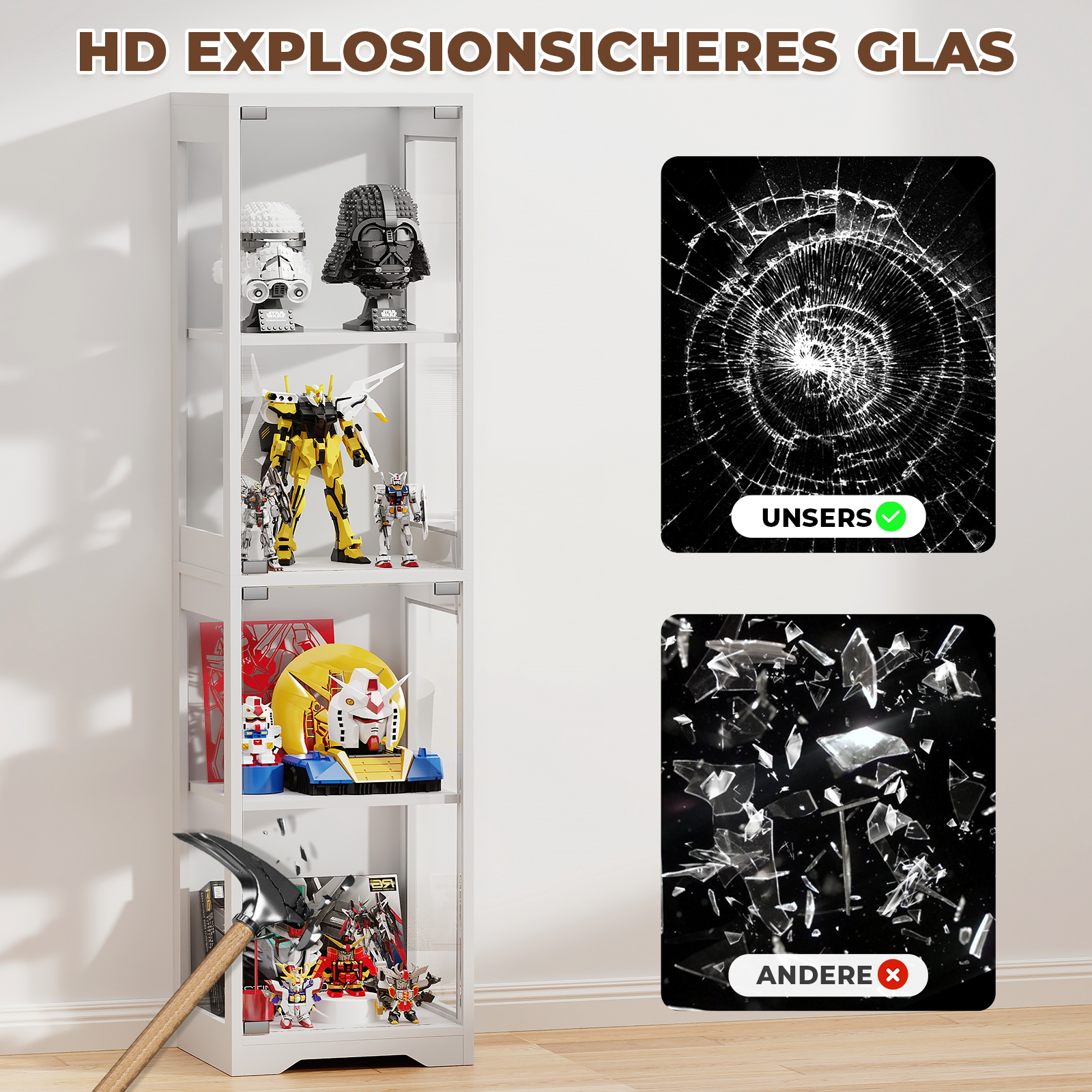 Ein Regal mit Figuren, daneben ein zersplittertes Glasbild.