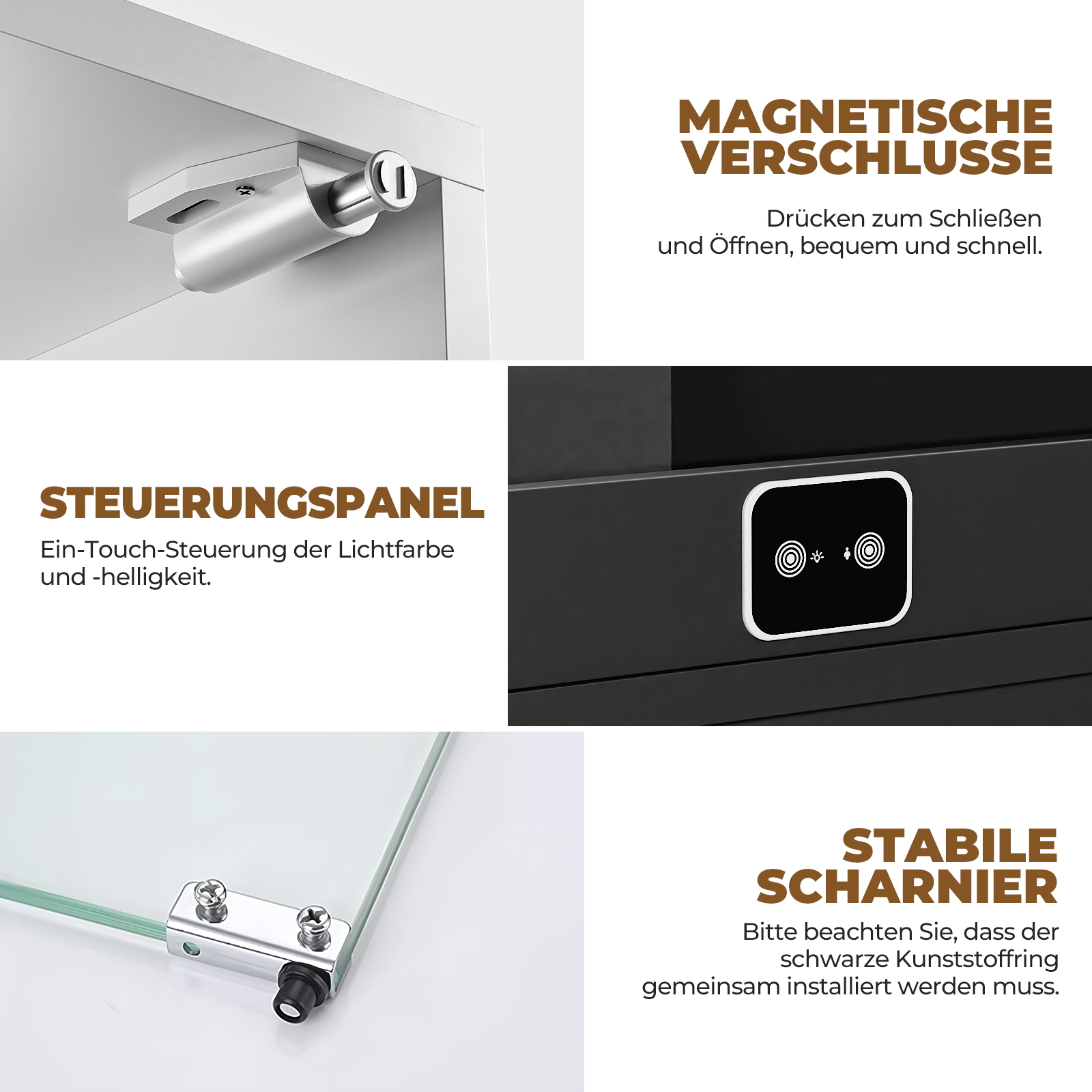 Drei Bilder zeigen Details: Magnetverschluss, Bedienfeld und Scharnier.