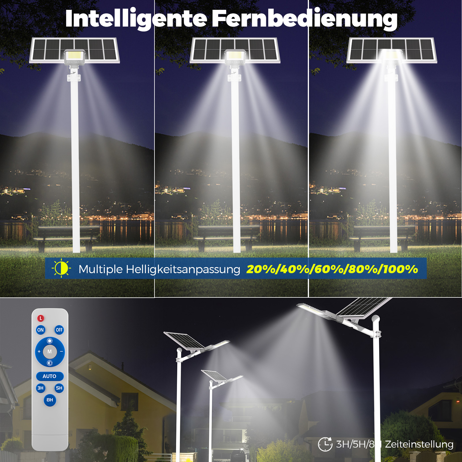 Intelligente Fernbedienung für Solarleuchten mit Helligkeitsstufen.