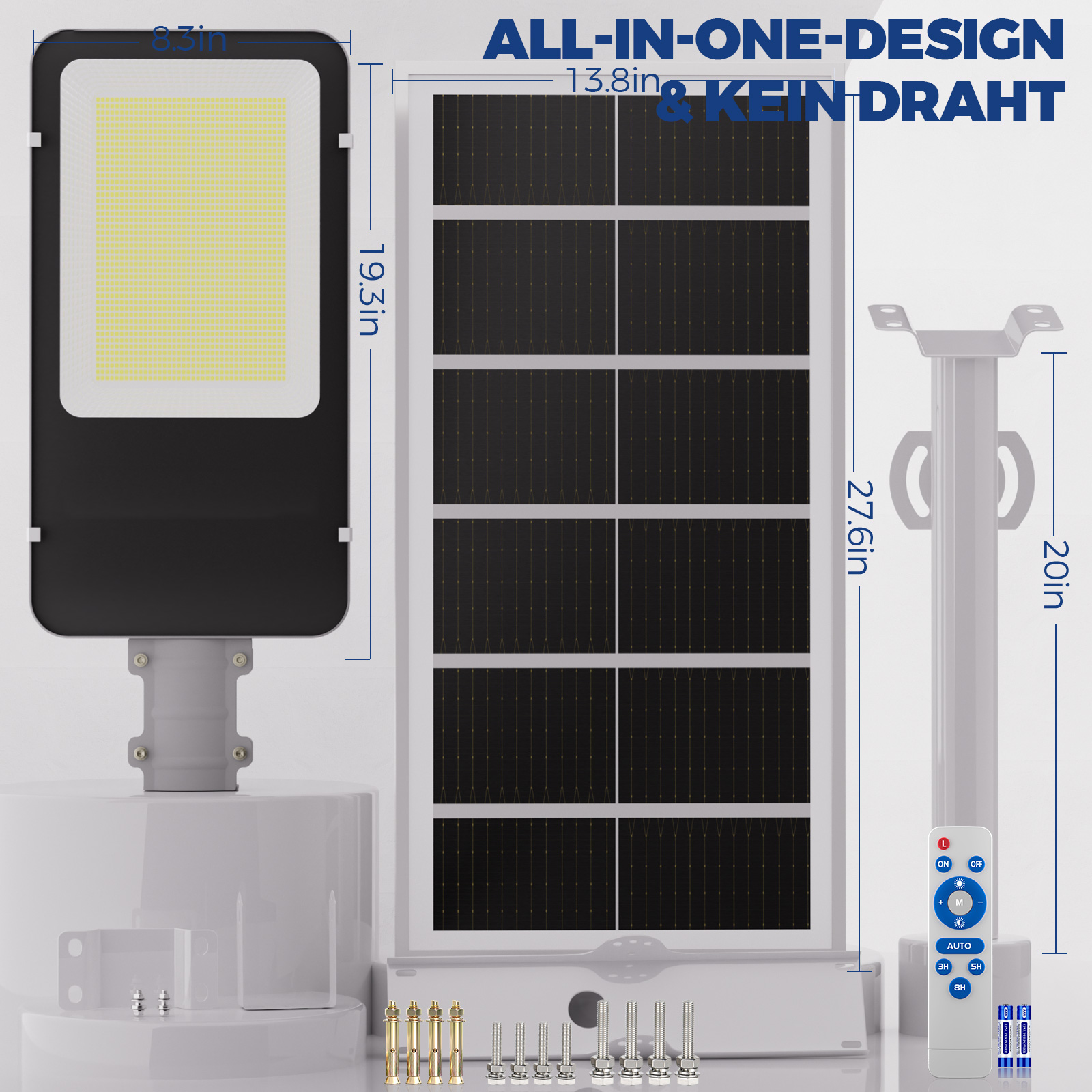 Ein schwarzer Solarstrahler mit Paneel, Halterung, Fernbedienung und Batterien.
