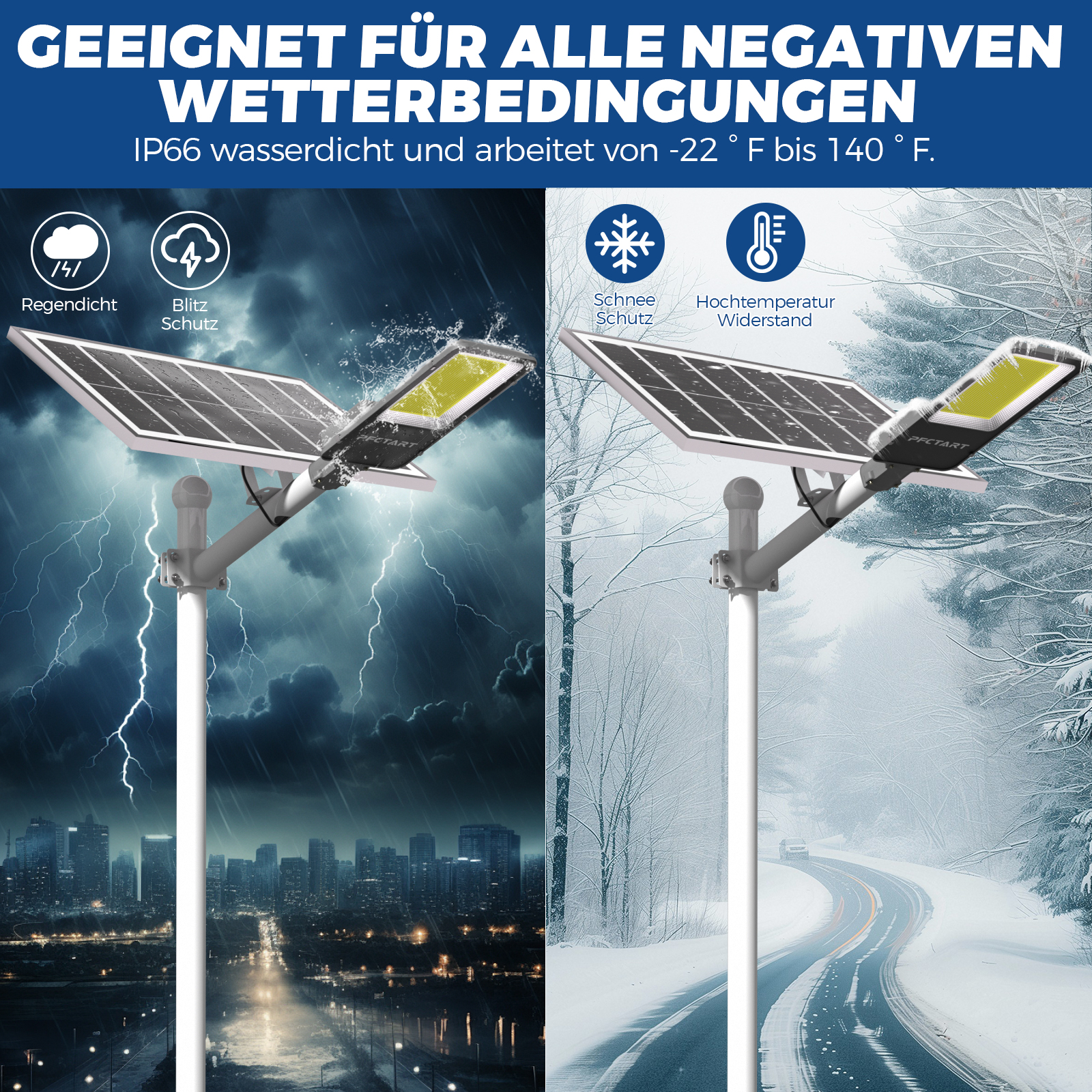 Solarleuchte im Regen und Schnee. Geeignet für alle Wetterbedingungen.