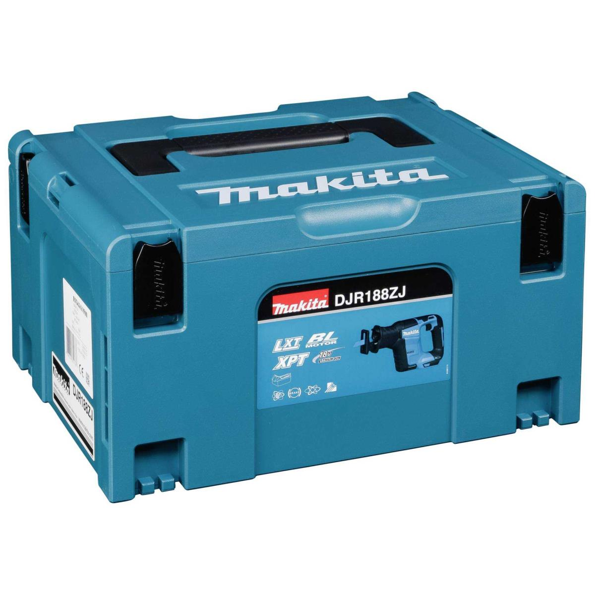 Ein türkiser Werkzeugkasten mit Makita-Logo und Aufkleber eines Säbelsäge.