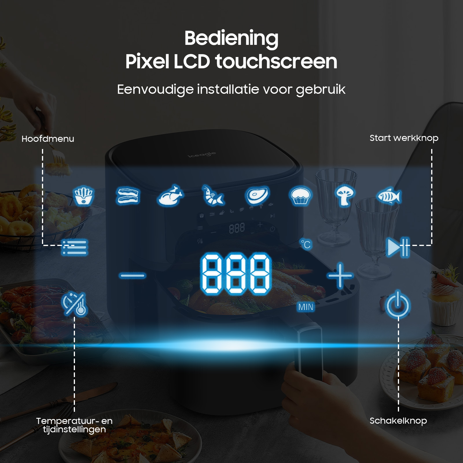 Ein Airfryer mit Touchscreen zeigt Kochsymbole und eine digitale Anzeige. daneben sind Lebensmittel.