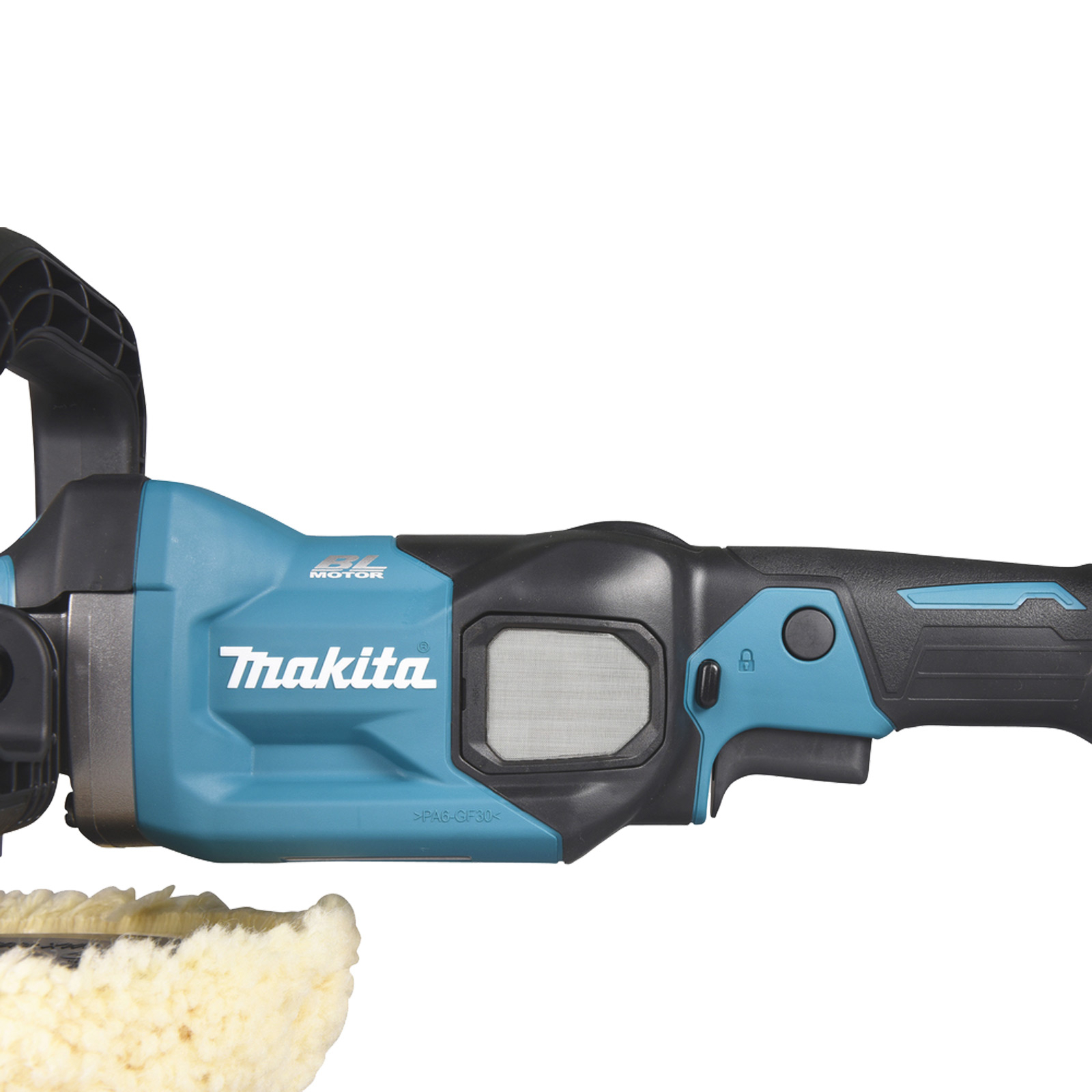 Ein blauer und schwarzer Makita Polierer mit Fellaufsatz.