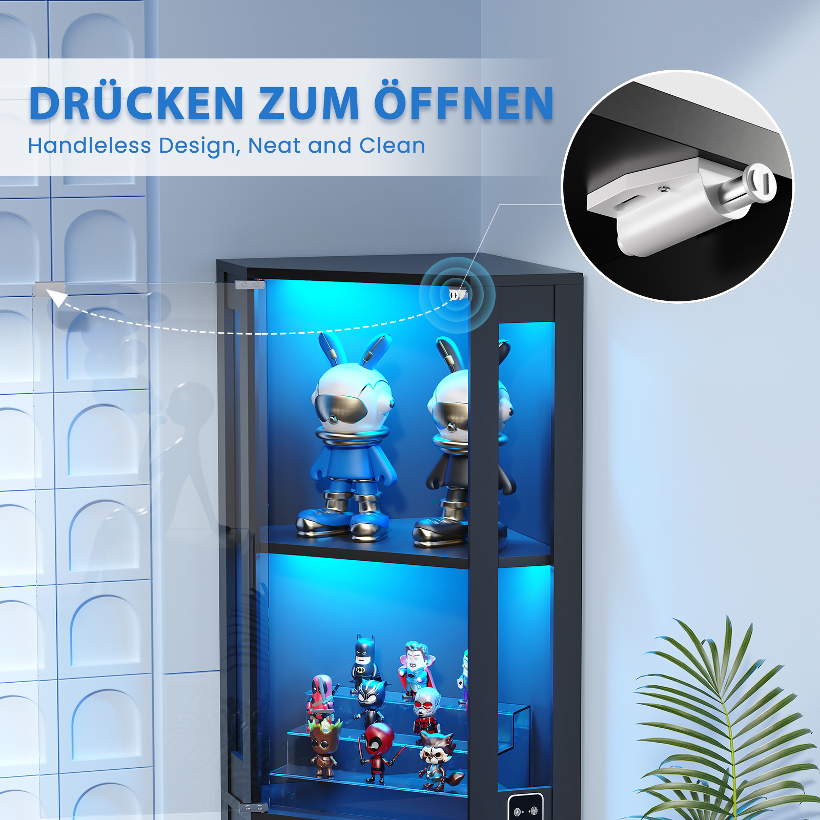 Vitrine mit Figuren, beleuchtet mit blauen LEDs. Zeigt einen Push-to-open Mechanismus.