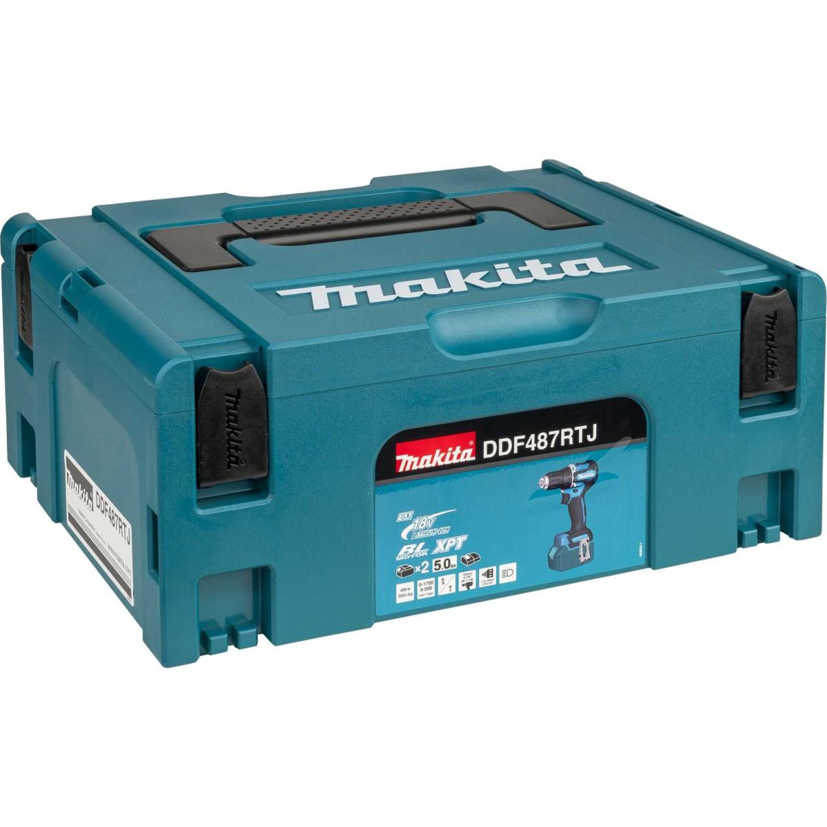 Ein tealfarbener Werkzeugkasten mit dem Makita-Logo und einem Bild eines Bohrers.