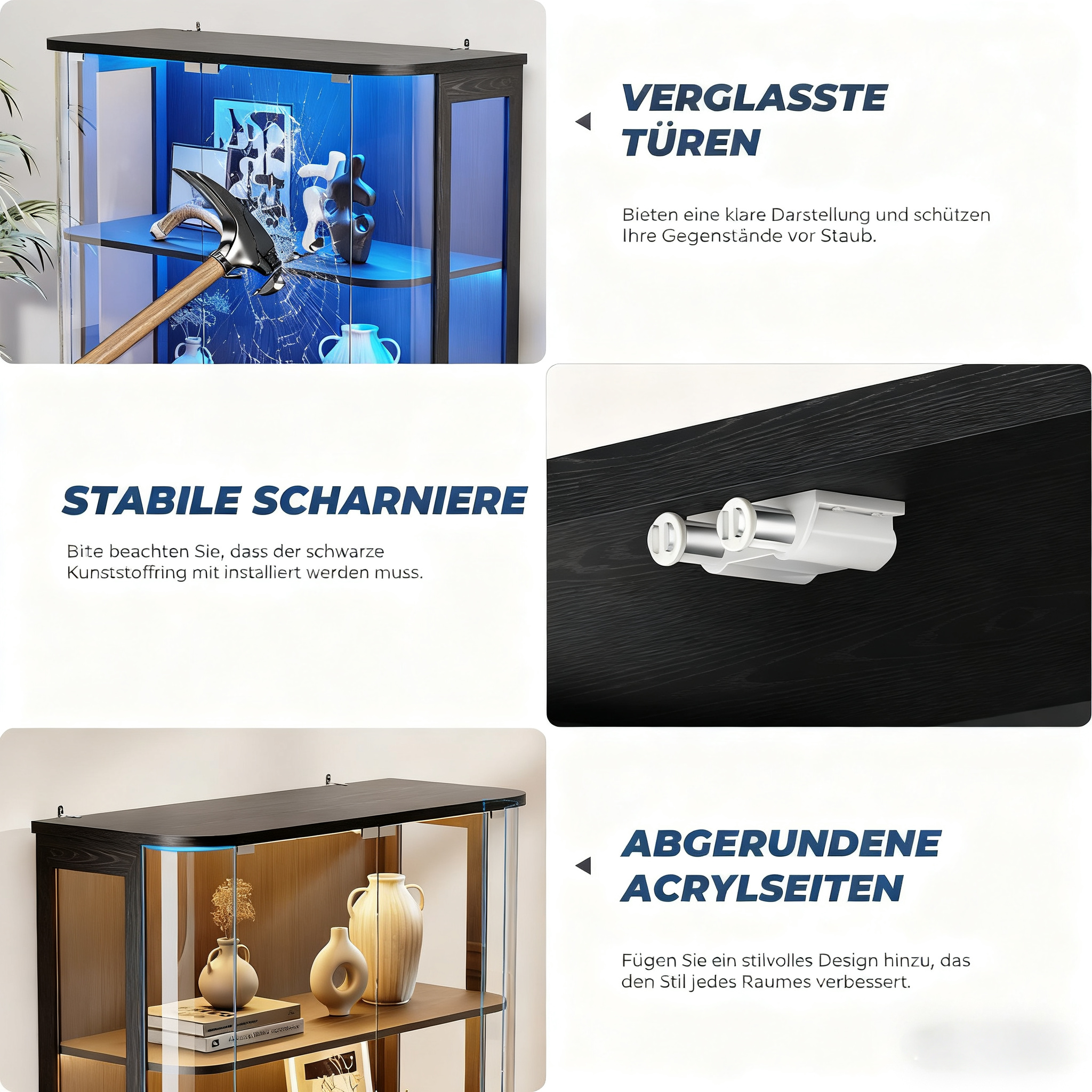 Vitrine mit beleuchteten Fächern, stabiler Scharnier und Acrylseiten.