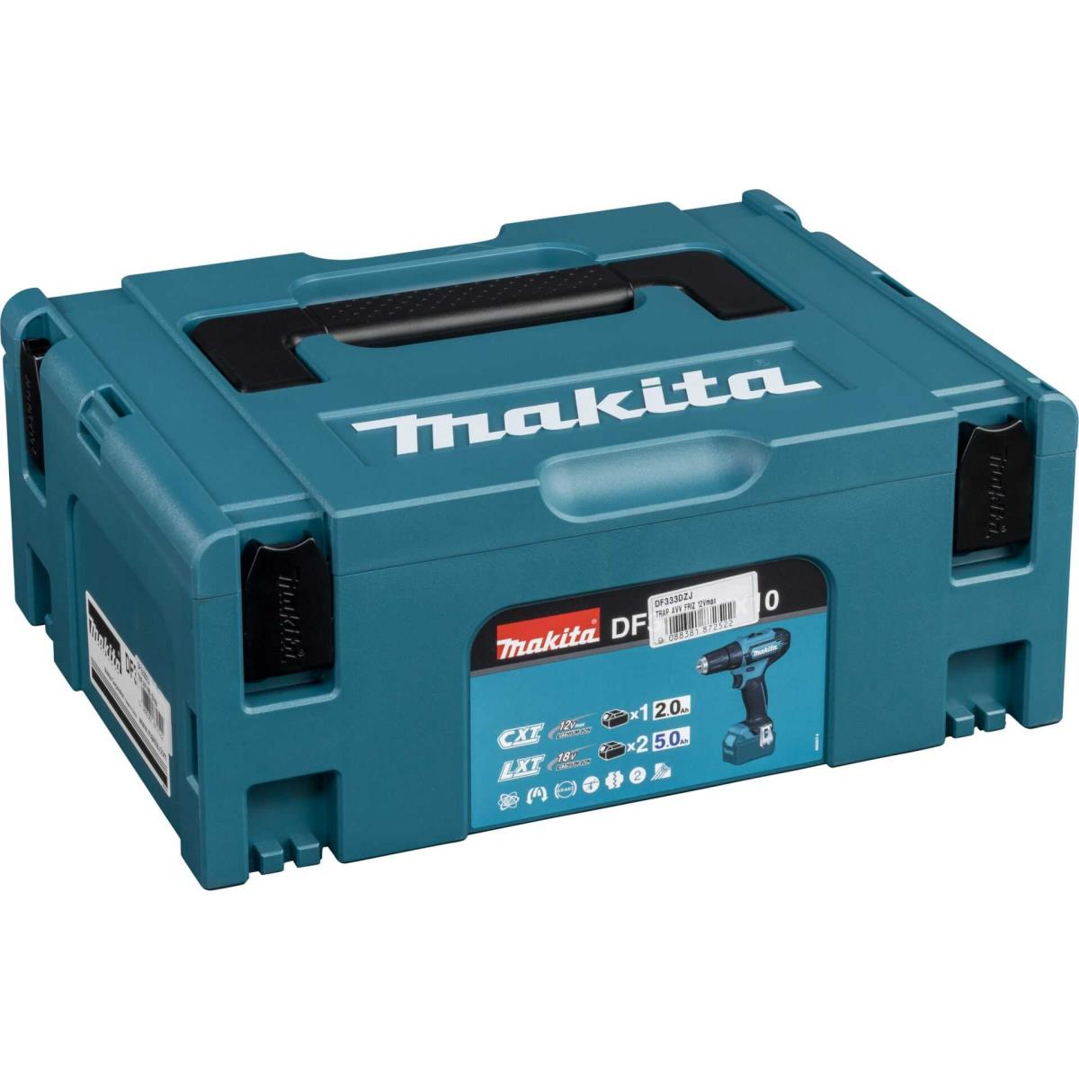 Ein blauer Makita Werkzeugkasten mit einem Akkuschrauber. Enthält Informationen zu CXT und LXT.