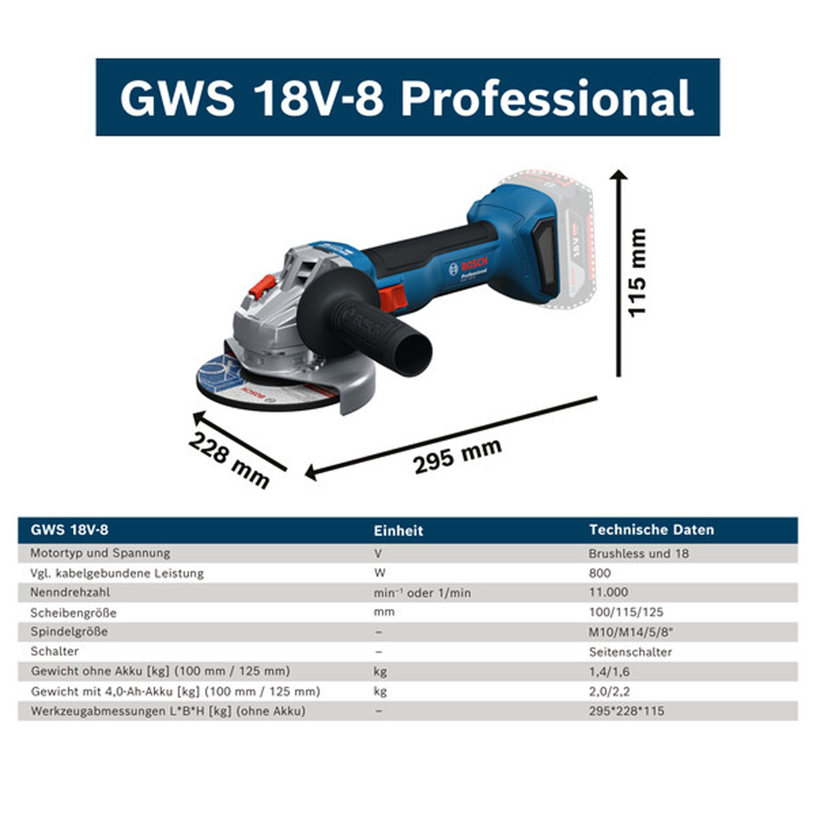 Bosch GWS 18V-8 Professional Winkelschleifer mit Maßen und technischen Daten.