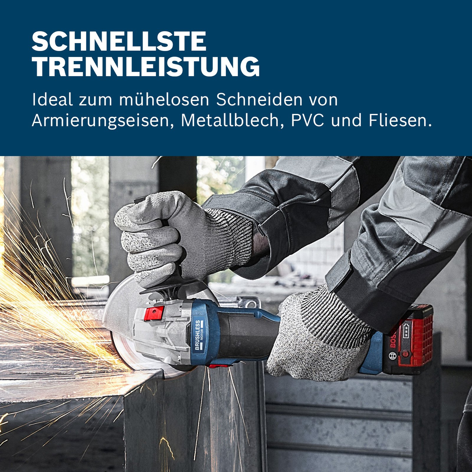 Ein Handwerker nutzt einen Winkelschleifer, Funken fliegen.