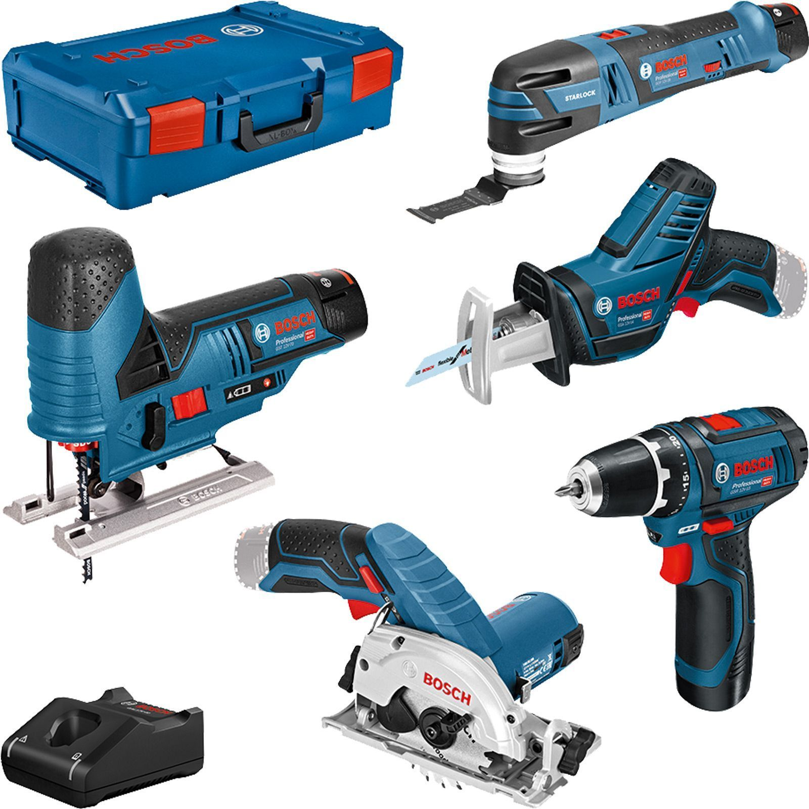 Ein Bosch Werkzeugset mit Koffer, Stichsäge, Säbelsäge, Multitool, Kreissäge, Bohrer und Ladegerät.