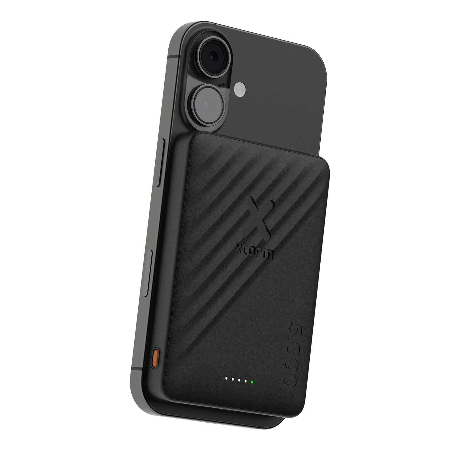 Schwarzes Smartphone mit angebrachtem schwarzem Akkupack und vier Ladeanzeigen.