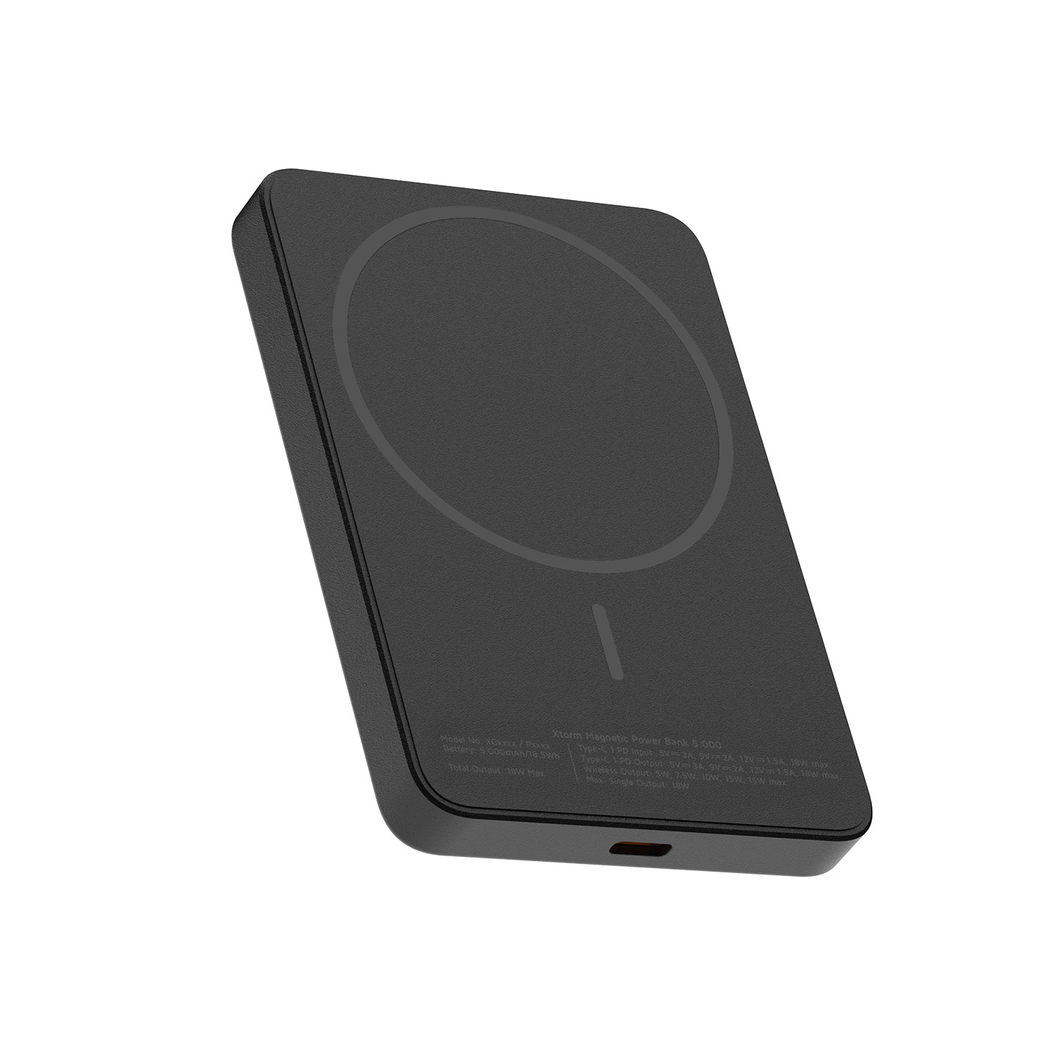 Schwarze magnetische Powerbank mit Ladekreis auf der Oberseite.