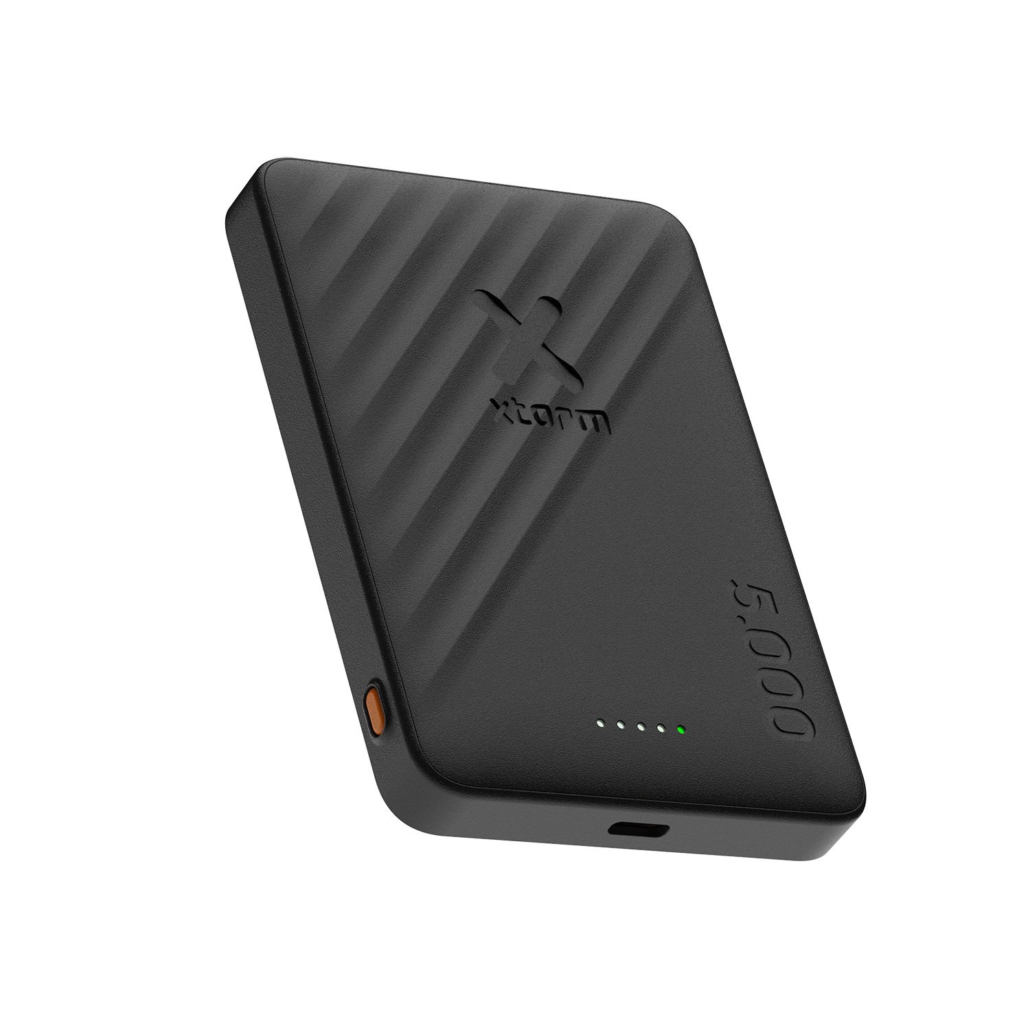 Schwarzes, gerippeltes Powerbank mit 5.000 Kapazitätsanzeige und Xtorm-Logo.