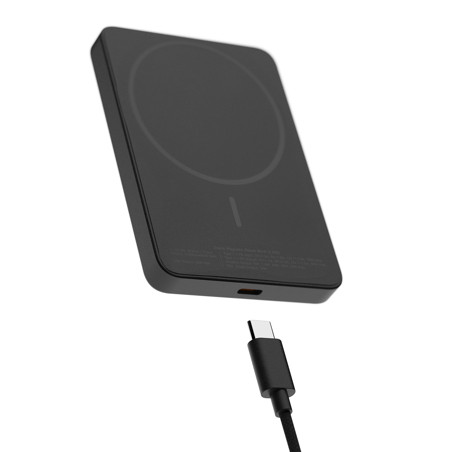Schwarze magnetische Powerbank von Xtorm mit USB-C-Kabel.