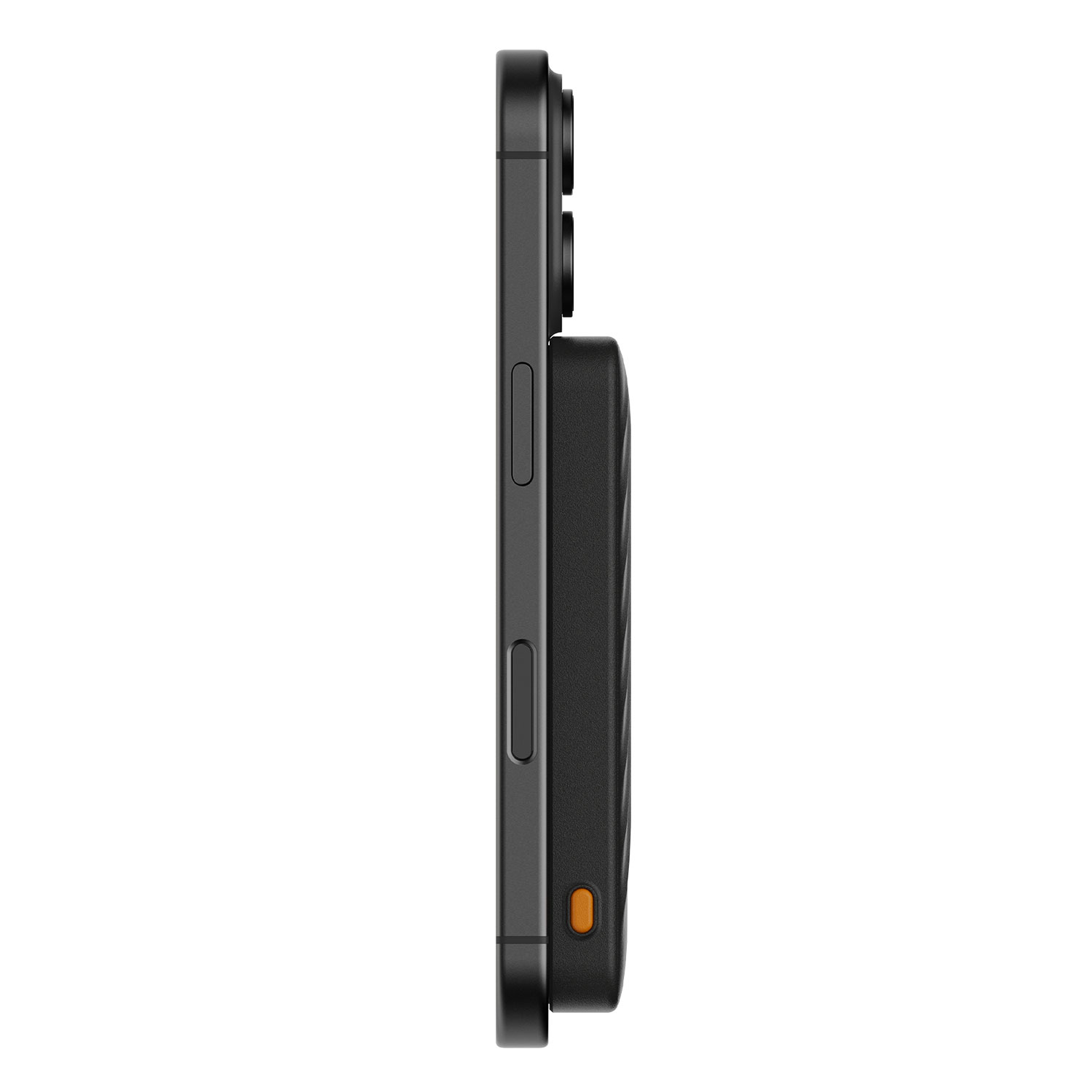Schwarzes iPhone mit schwarzem Akkupack auf der Rückseite, seitliche Ansicht.