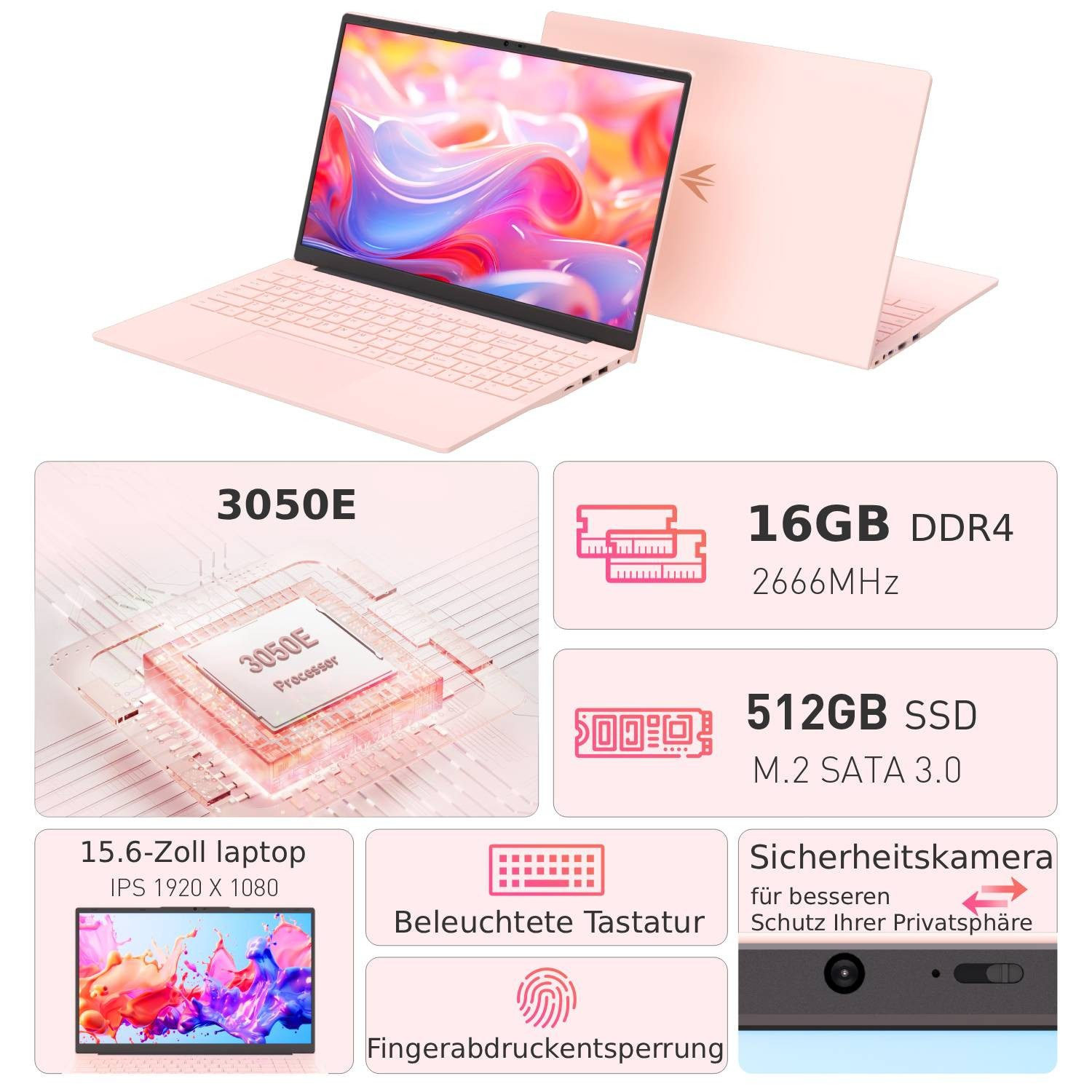 Ein rosafarbener Laptop mit technischen Spezifikationen wie 16 GB RAM und 512 GB SSD.