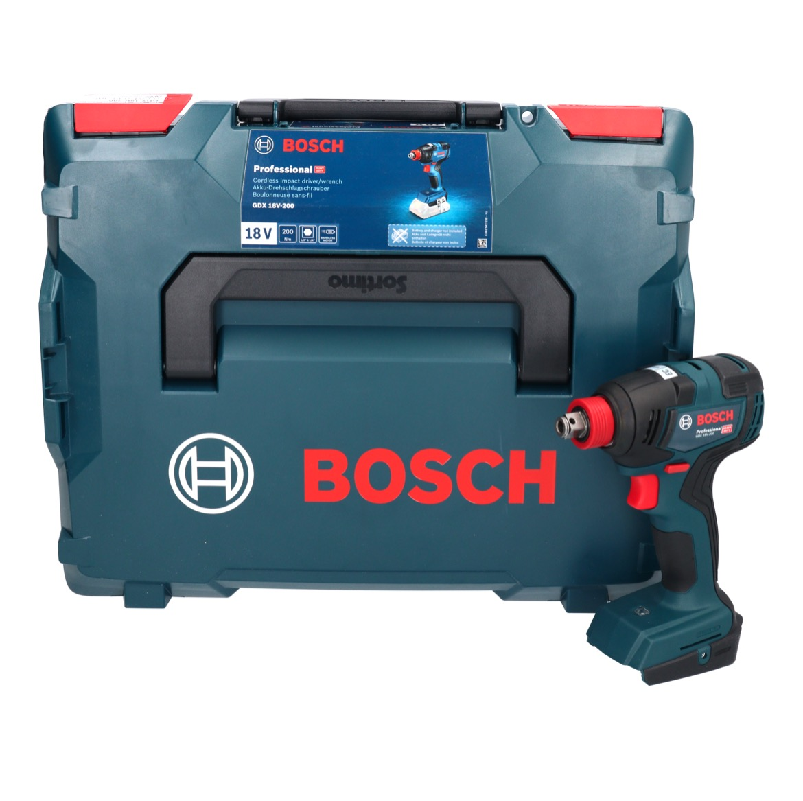Ein blauer Bosch Werkzeugkoffer mit einem Bosch Schlagschrauber daneben.