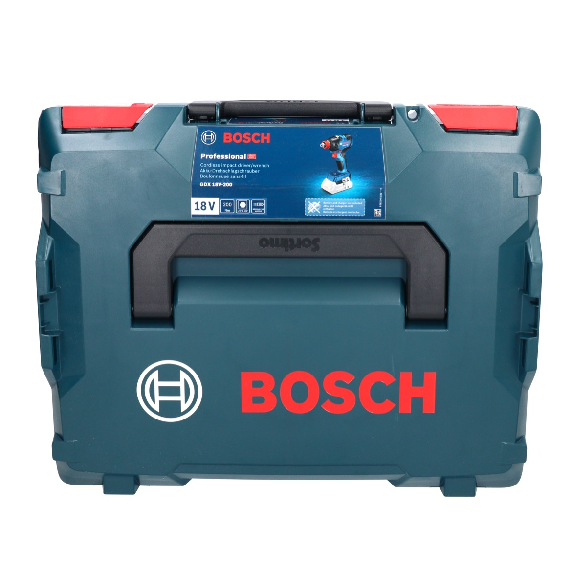 Eine dunkelgrüne Bosch Werkzeugkiste mit rotem Bosch Logo und Aufkleber.
