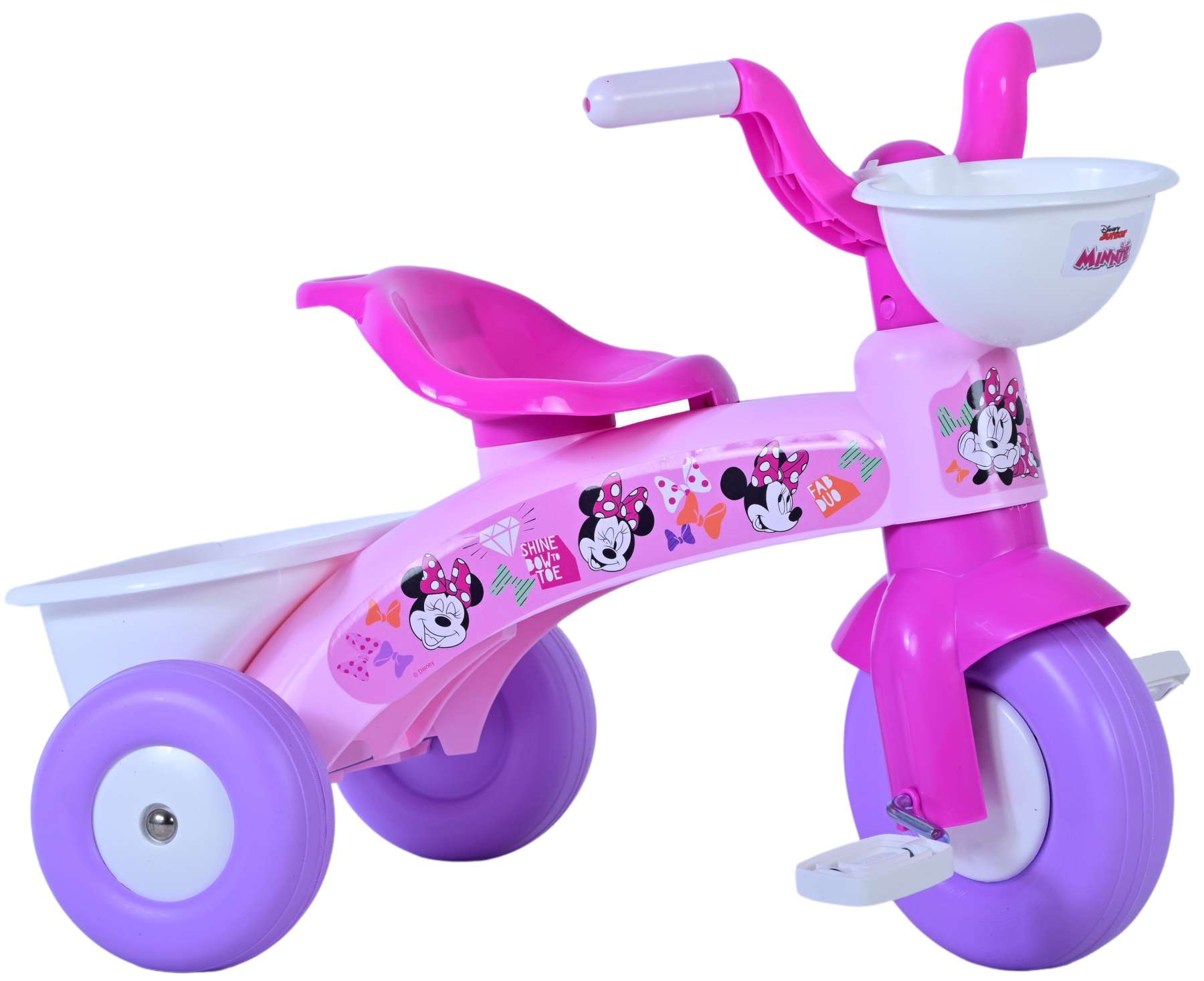 Ein rosa Kinderdreirad mit Minnie-Maus-Aufklebern und einem weißen Korb vorne.