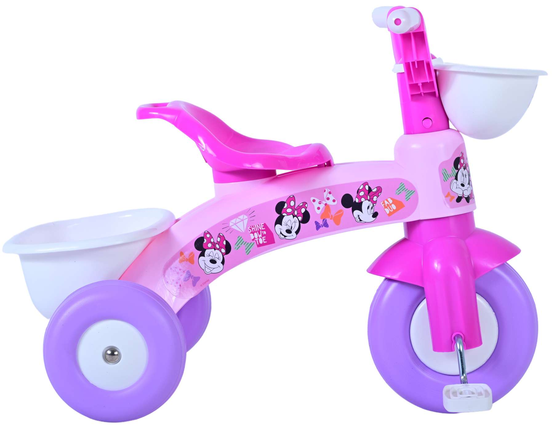Ein rosa Dreirad mit Minnie Maus-Aufdrucken und lila Rädern.