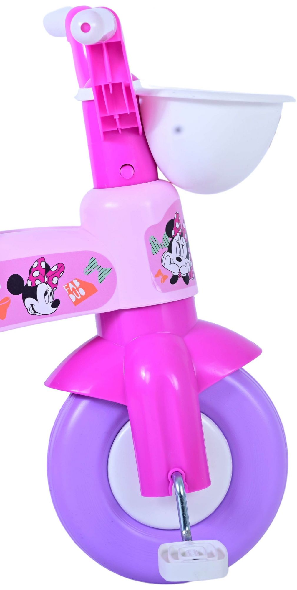 Ein rosa Dreirad mit Minnie Maus Aufklebern und einem lila Rad.