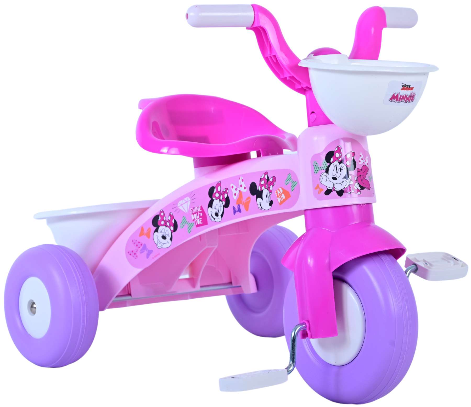 Ein pink-violettes Minnie Maus Dreirad mit Korb und Dekorationen.