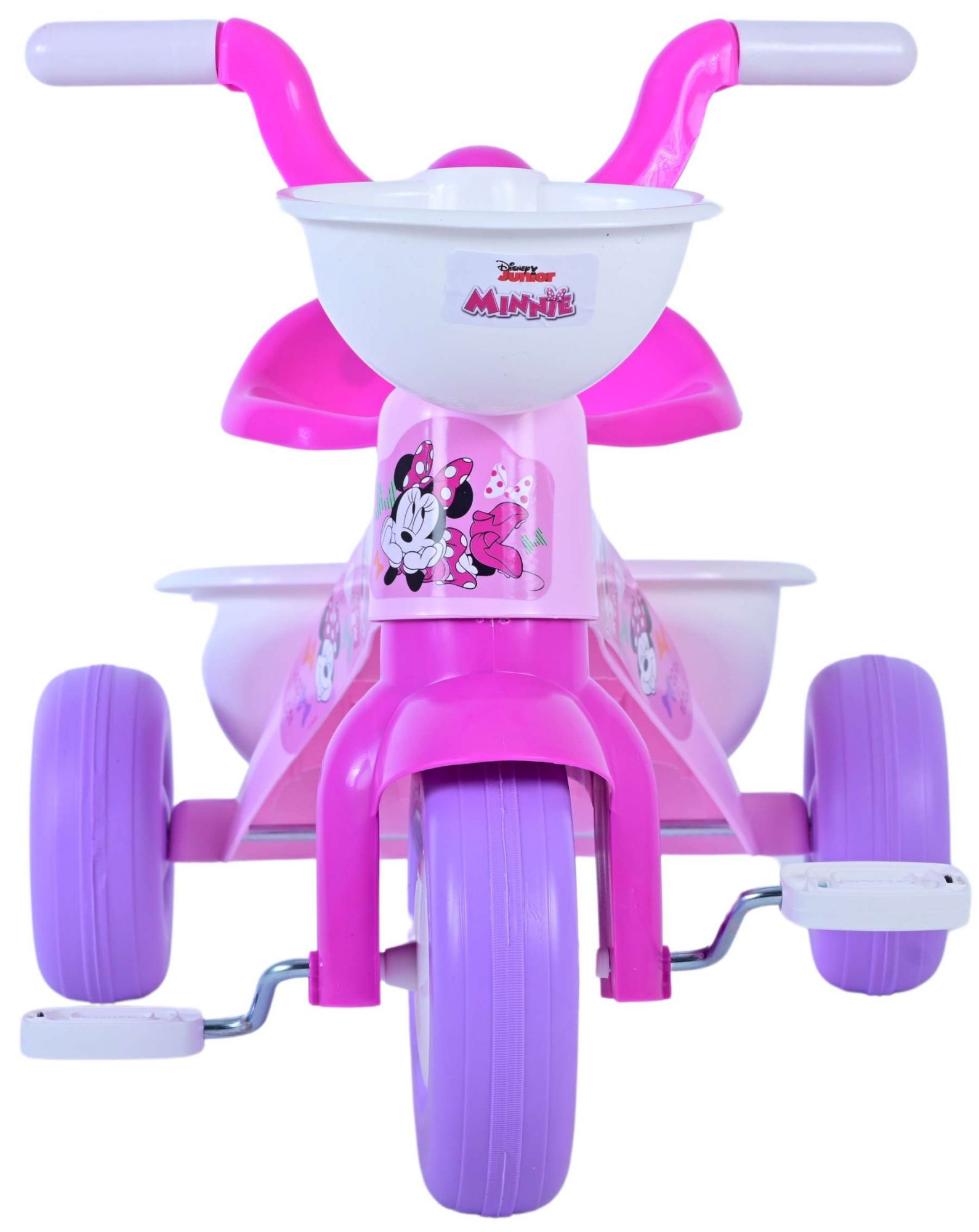 Ein rosafarbener Kinderdreirad mit Minnie Maus-Aufklebern, weißen Körben und lila Rädern.