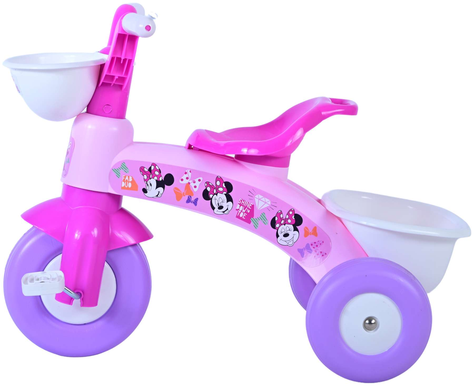 Ein rosa Dreirad mit Minnie-Maus-Aufklebern und lila Rädern.