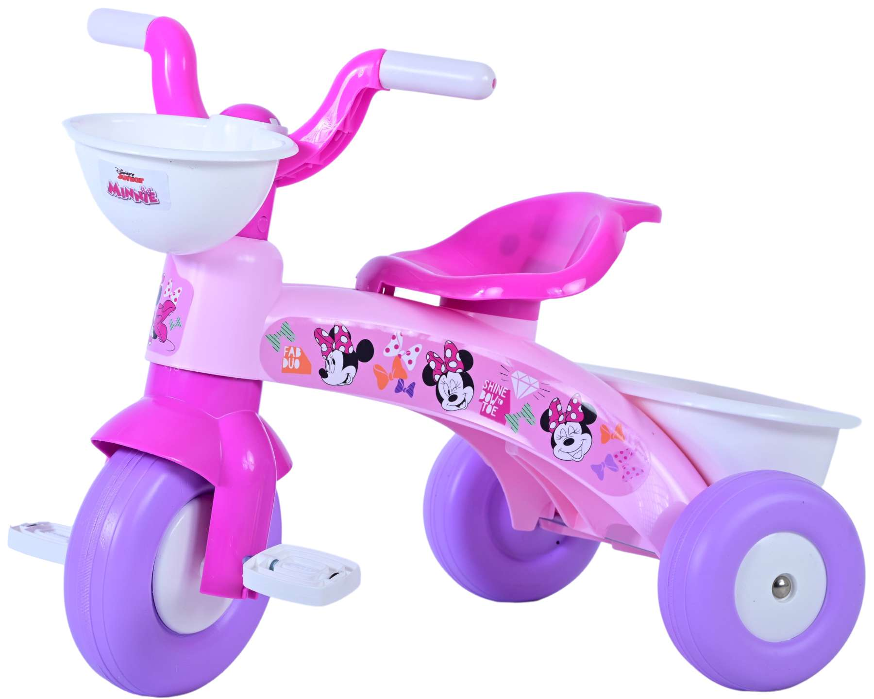 Ein rosafarbenes Kinderdreirad mit Minnie-Maus-Motiven, einem weißen Korb und lila Rädern.