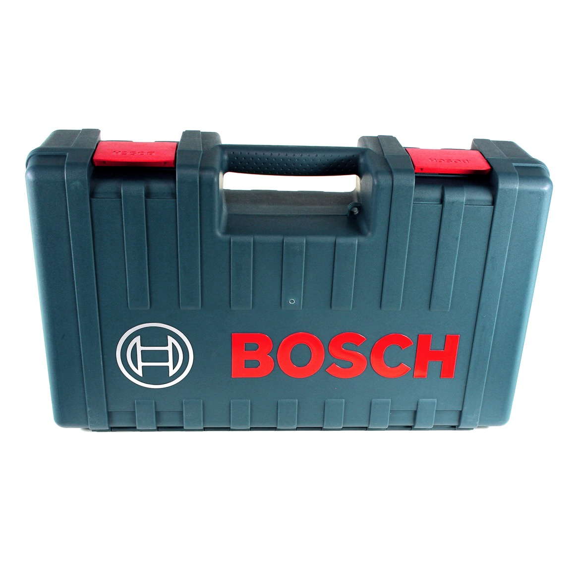 Ein dunkelblauer Bosch-Werkzeugkasten mit rotem Logo und Griff.