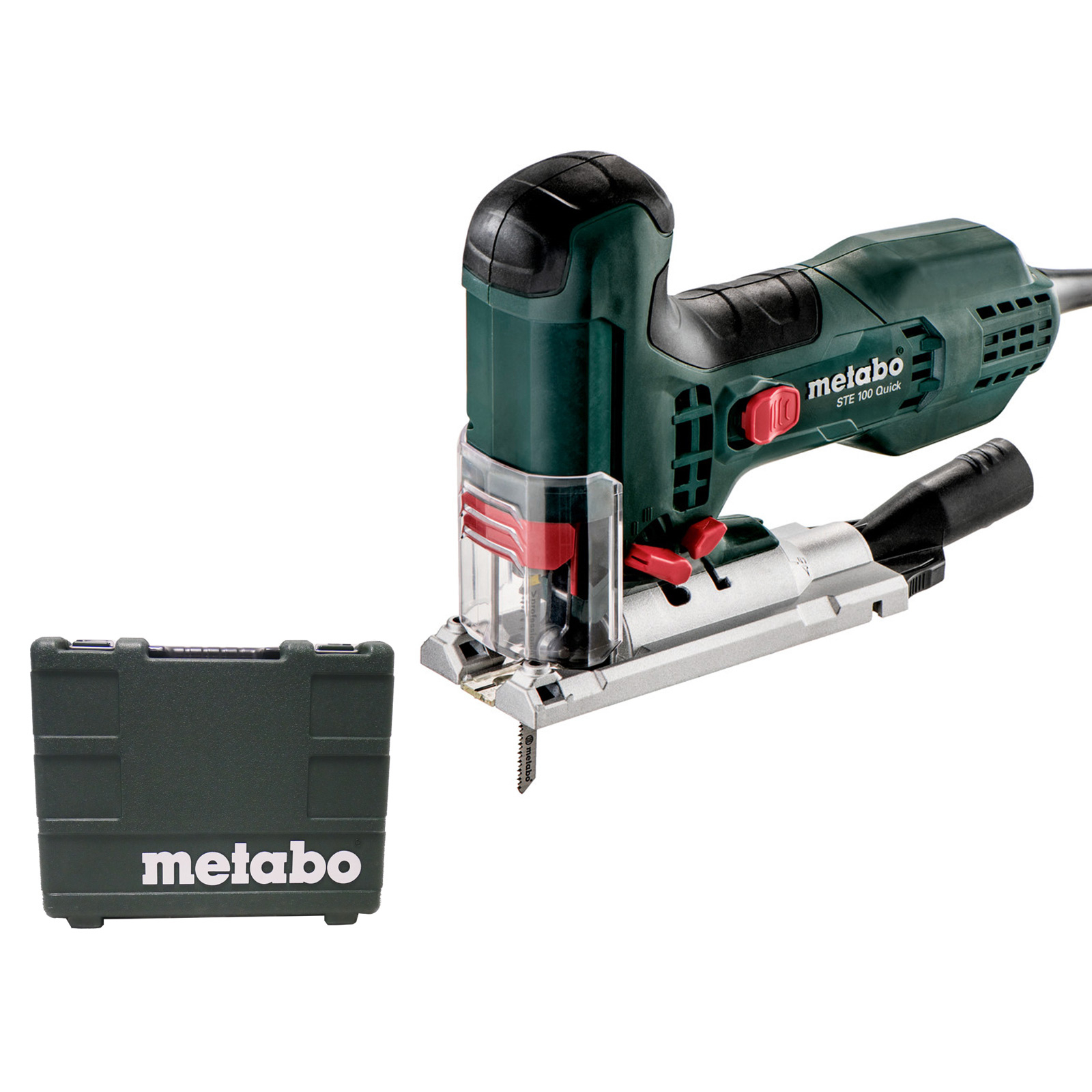 Grüner Metabo Stichsäge mit Koffer. Detailaufnahme.